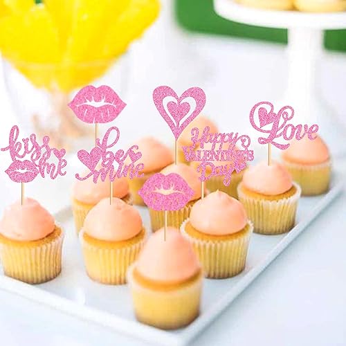 Miniatura 5 de Cyodoos 24 piezas de decoración para cupcakes con purpurina para el día de San Valentín, corazón de amor, beso me amor, sé mío, para cupcakes