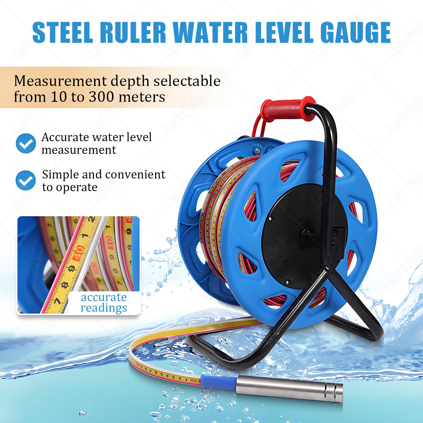 Medidor de nivel de agua, indicador portátil de agua subterránea de pozo profundo de 10-300 m con sonda fija y cinta de acero