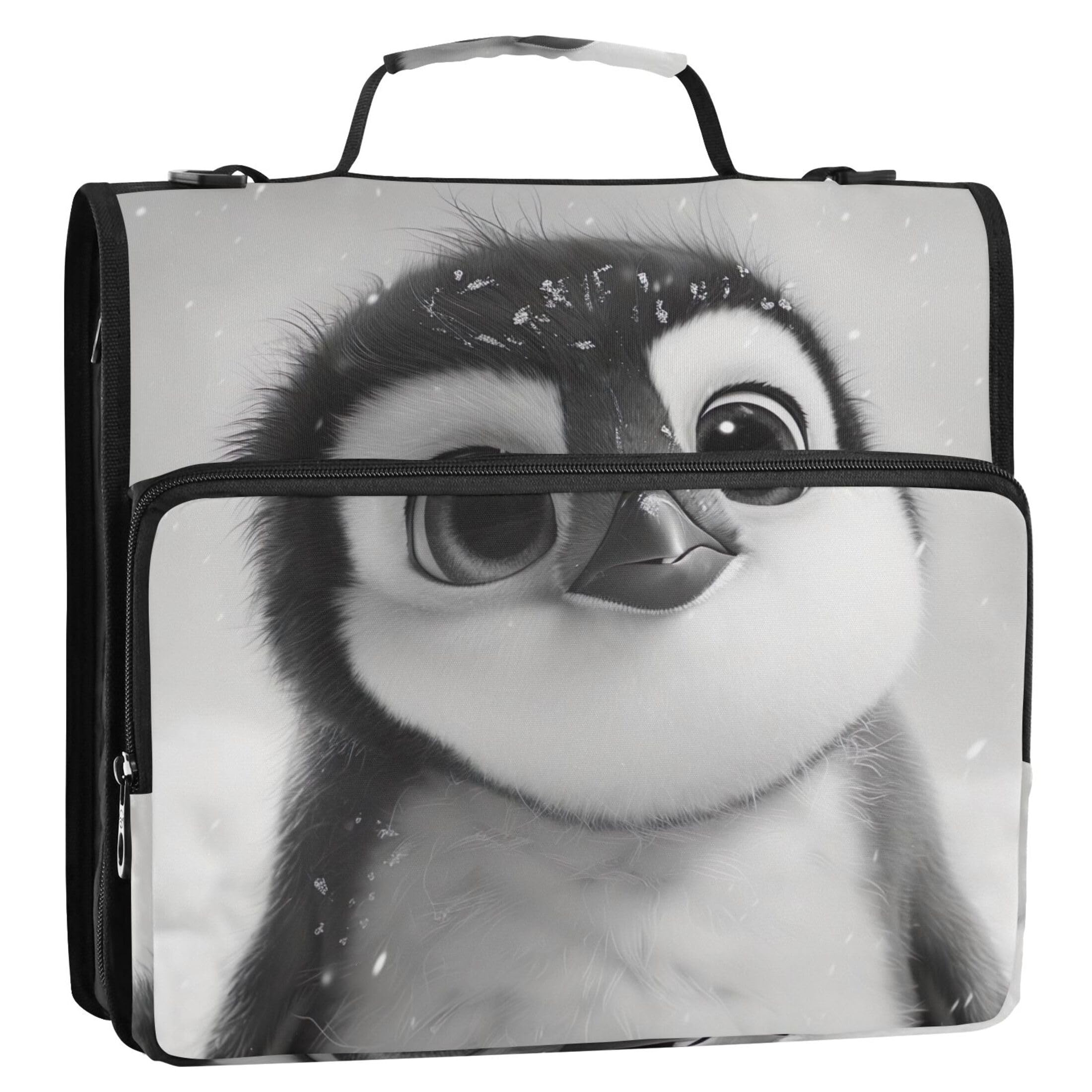 Fun 3 Ring Binders 1 1/2 Inch D Ring Penguin with Big Eyes Zipper Binder Organizer Storage Portfolio Case with Handle Middle School Binder Bag with Strap