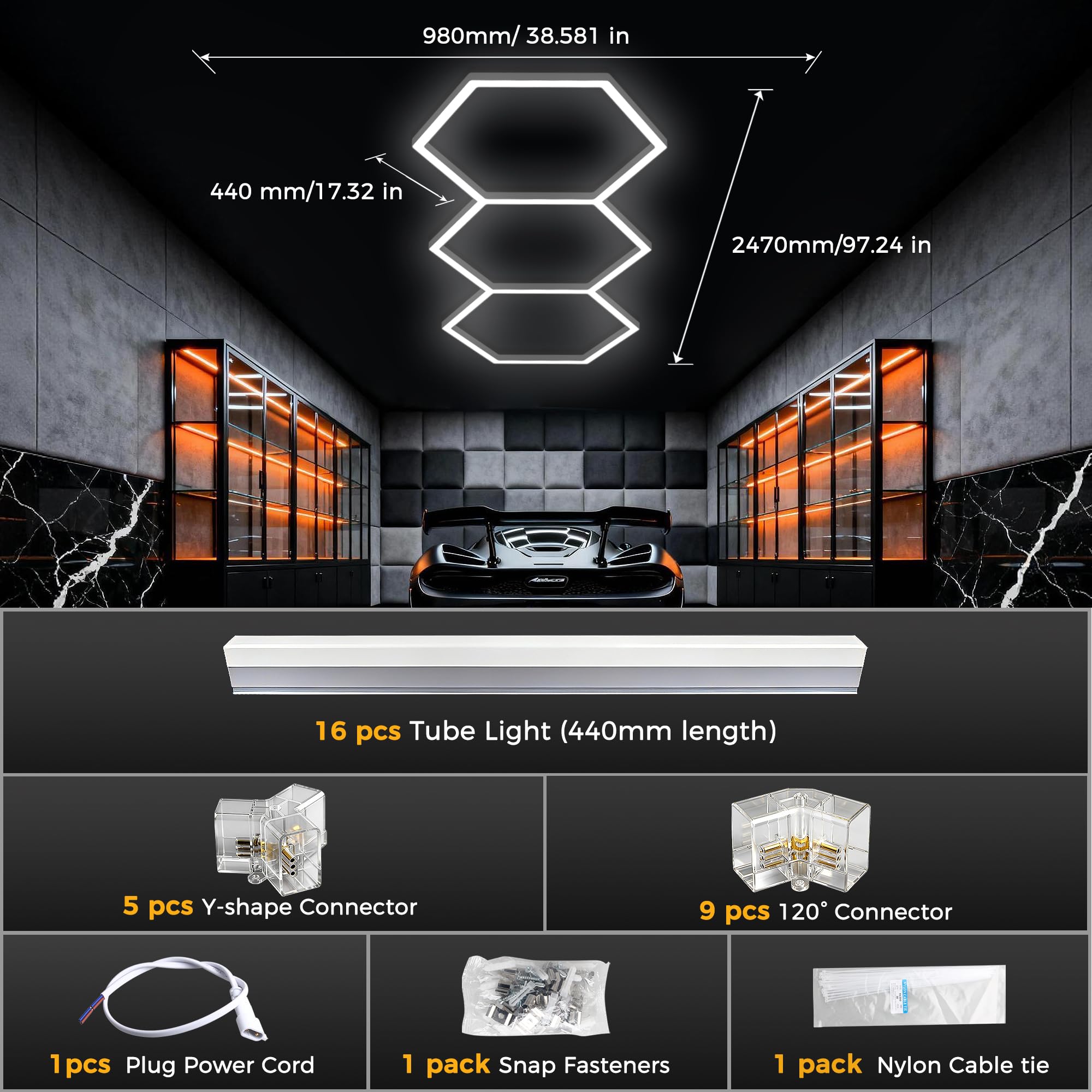 Plafonnier LED hexagonal pour garage, 3 grilles, 6500 K, super lumineux, montage facile, hexagonal durable pour garages, gymnases, entrepôts, maisons privées