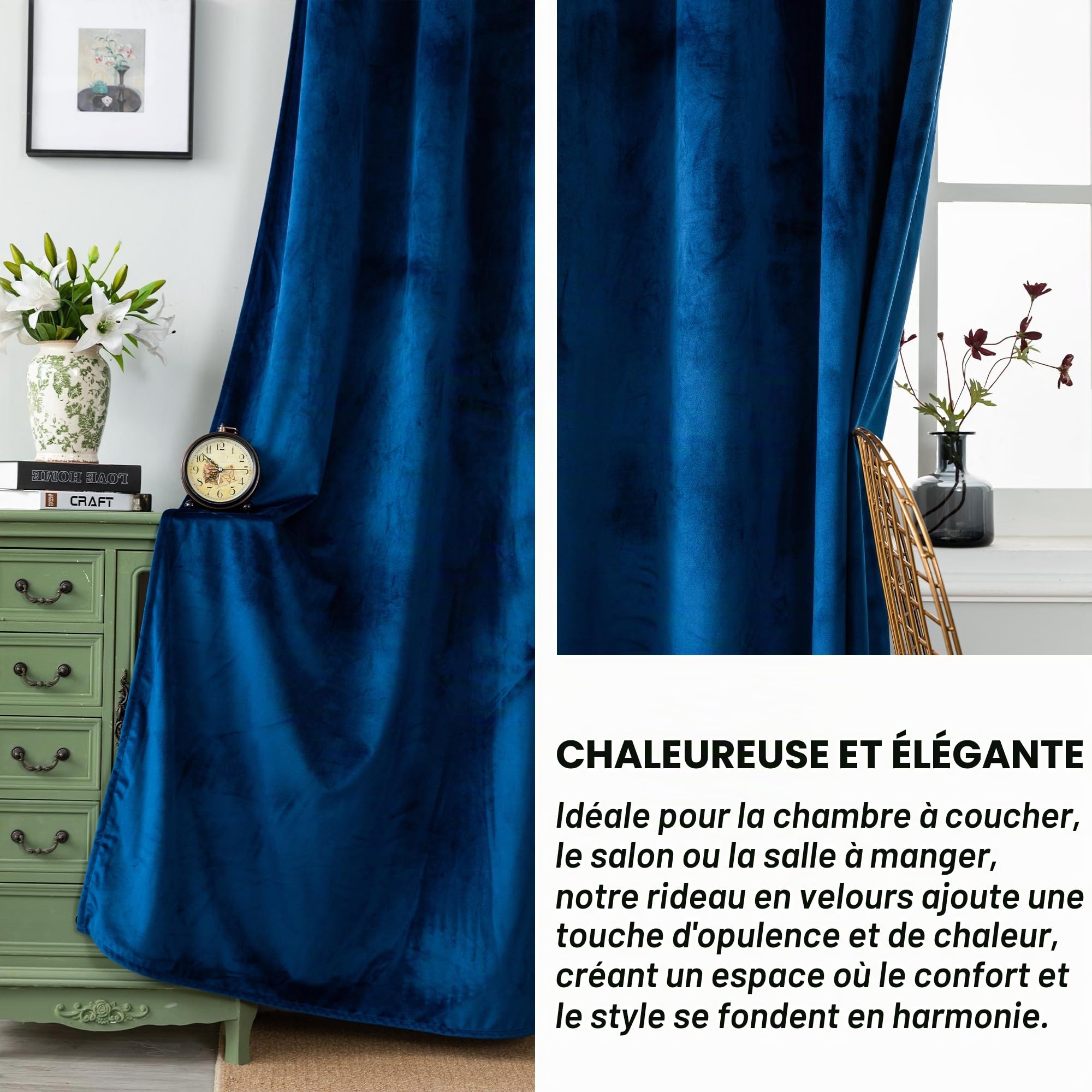 GIRASOLE HOME Paire de rideaux Adélaïde doux occultants thermiques en velours 2 panneaux de 140 x 240 cm avec œillets bleu