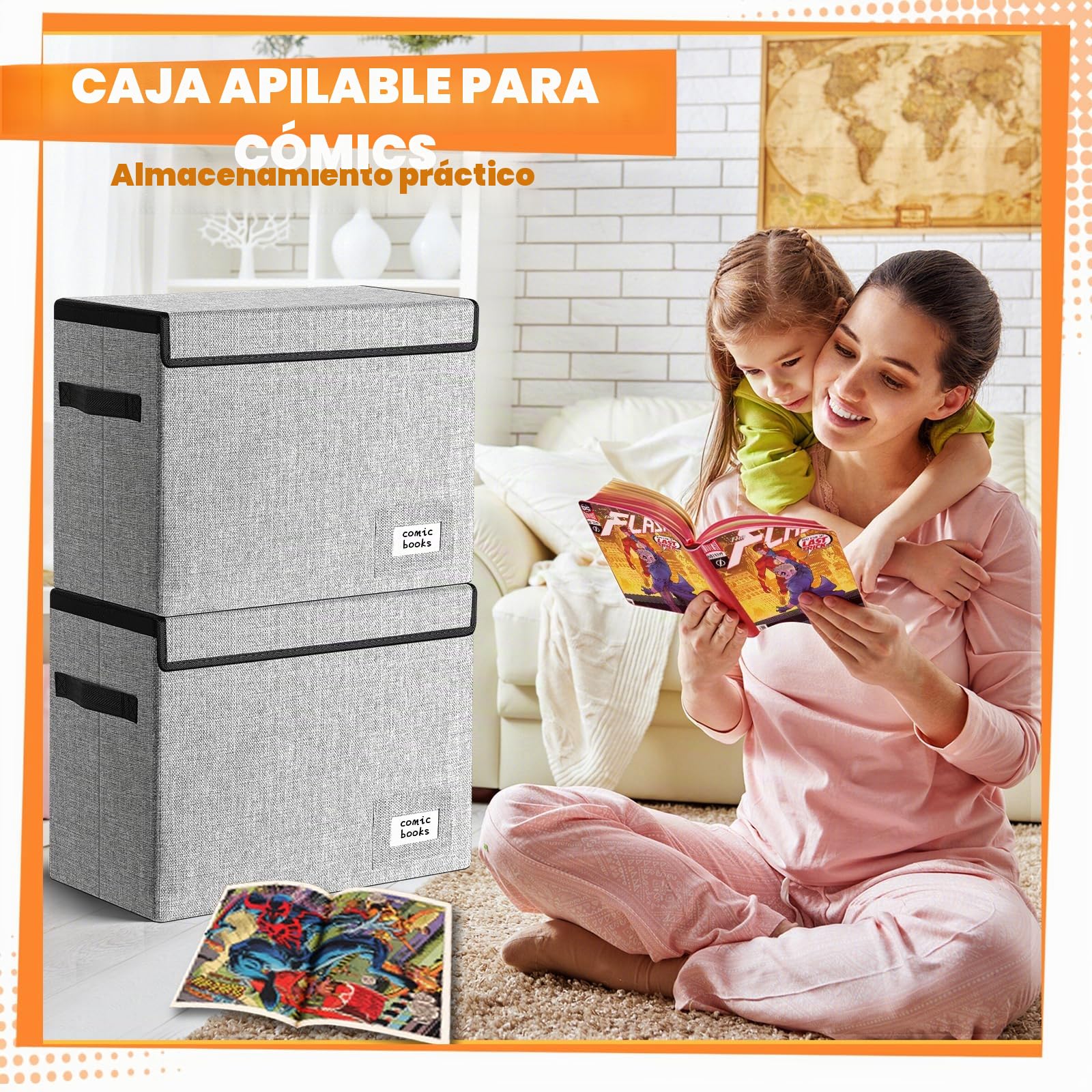 Leffis Almacenamiento de cómics, caja de cómics de 15.5 x 7.5 x 11.3 pulgadas, caja corta plegable con tapas para 150 cómics, contenedor resistente para libros de cómics