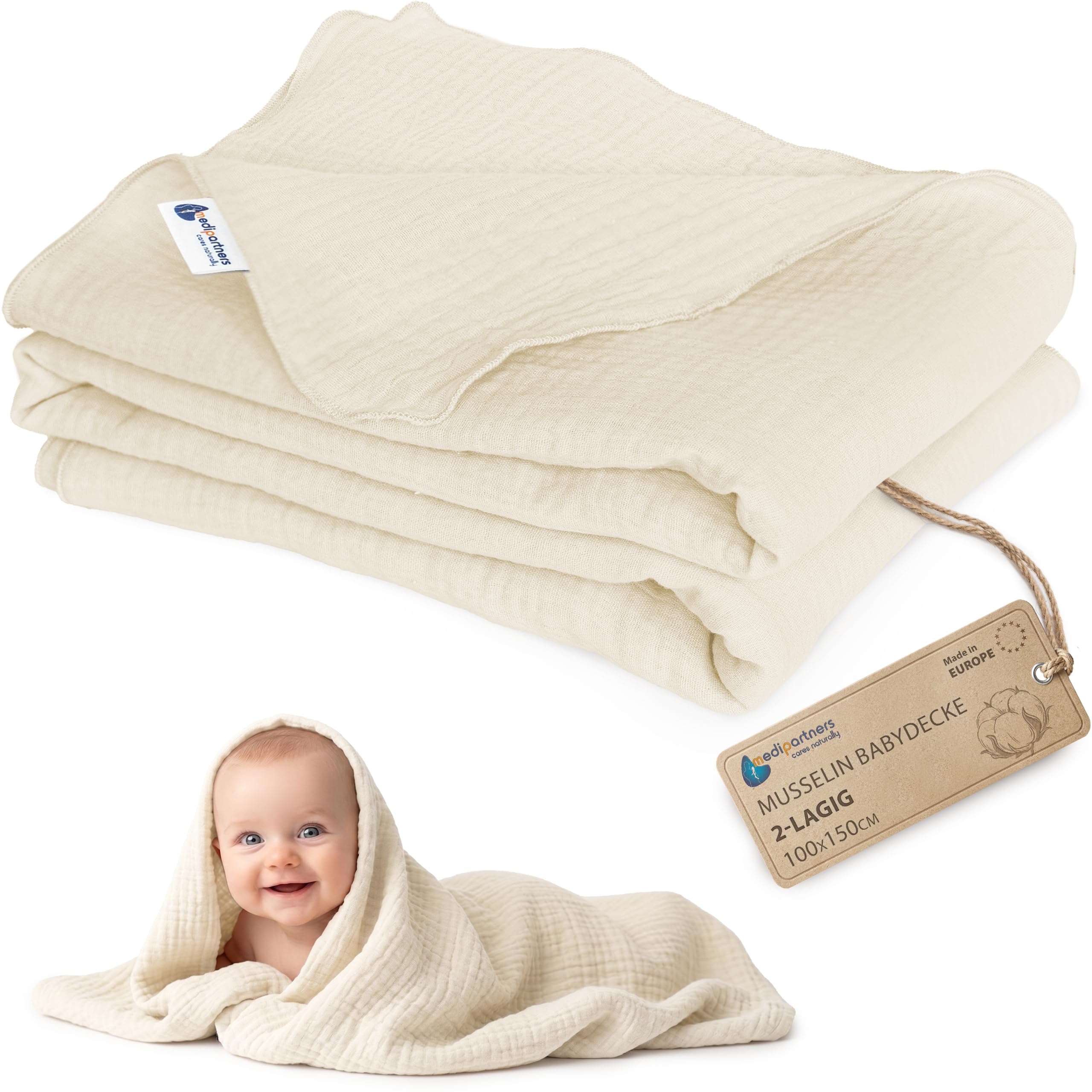 Medi Partners Muslin Baby Blanket 100 x 150 cm Baby Blanket Muslin Blanket Newborn - Thin Cuddly Blanket Summer Baby Blankets for Toddlers Crawling Blanket Childrens Bed Pram ⟮Beige⟯