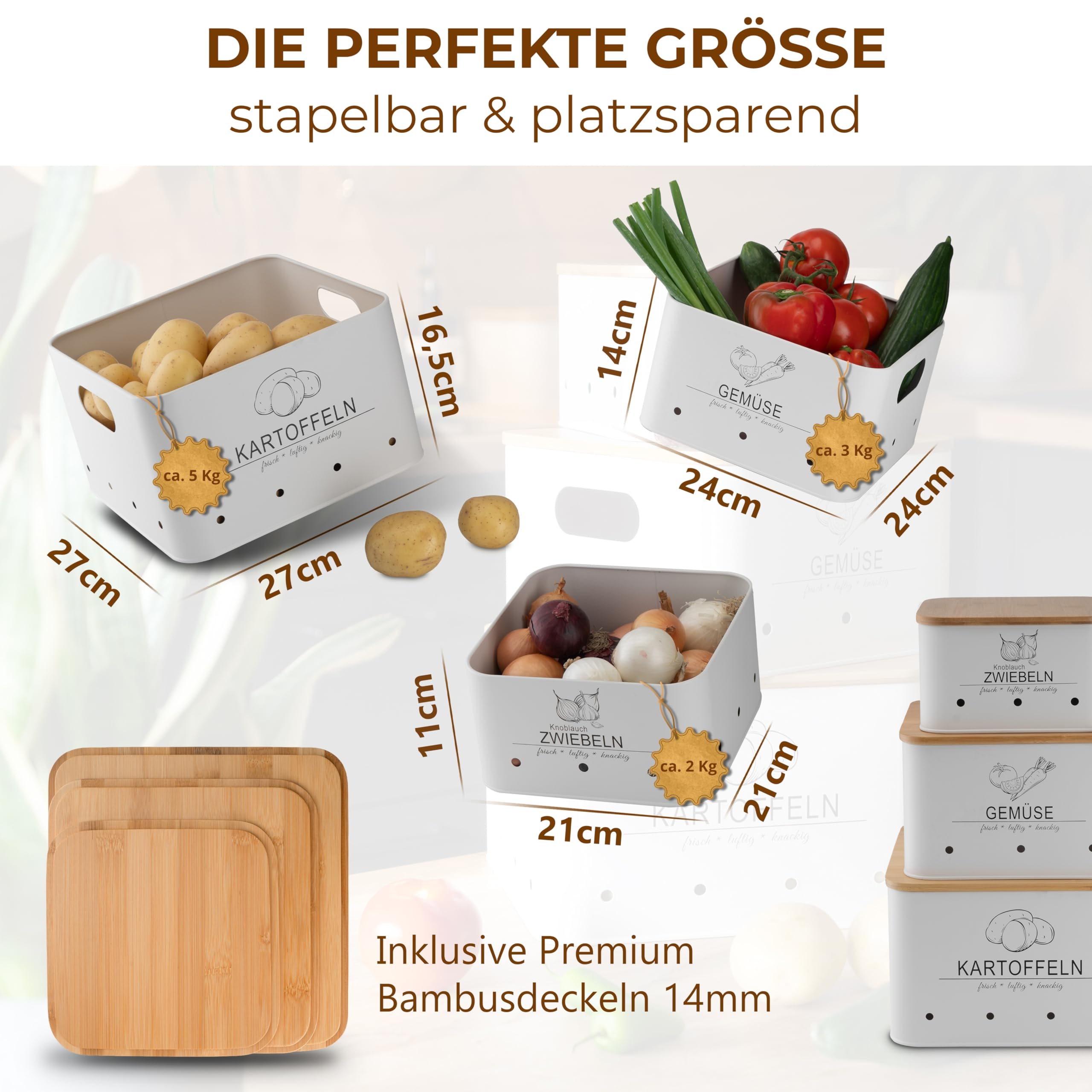 Kartoffel Aufbewahrungsbox Küche – 3er Set – Gemüse länger frisch – Vorratsbehälter für Kartoffel, Zwiebel & Gemüse – stapelbare Aufbewahrungsboxen mit Bambusdeckel – modern Weiß – MNKsolution