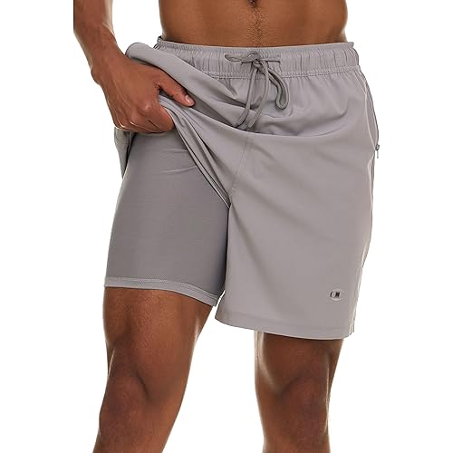Champion Mens Swim Trunks with Compression Liner, 2 in 1 Mens Bathing Suit Shorts, 7 Inch Inseam Board Shorts for Swimming