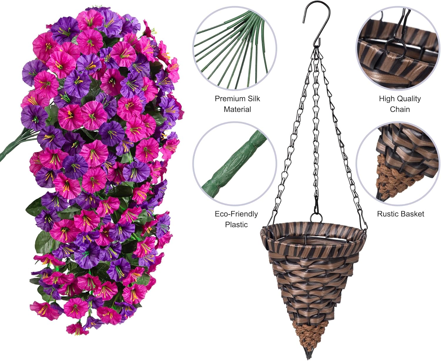 Artificial Fake Hanging Flowers in Basket for Outdoor Indoor Decoration,UV Resistant Faux Silk Dark Purple and Fuchsia Morning Glory Plants Realistic Hanging Planter for Outside Home Porch Yard - Image 3