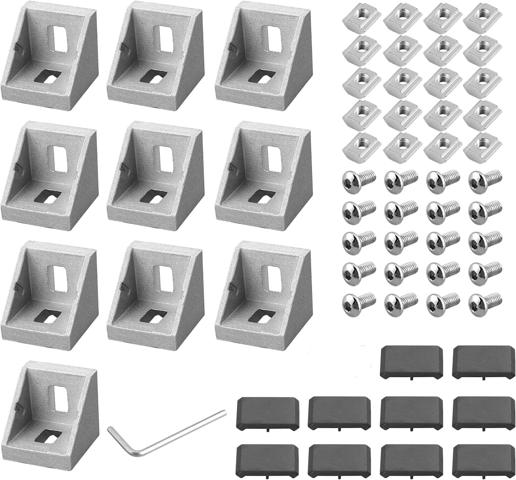 10x EYPINS montagemateriaal hoek, aluminium profiel 20x20 groef 6 aluminium hoekconnector 90 graden raster hoekverbinding incl. bevestigingsset & afdekkap voor steunprofiel, 3D-printer, CNC-router