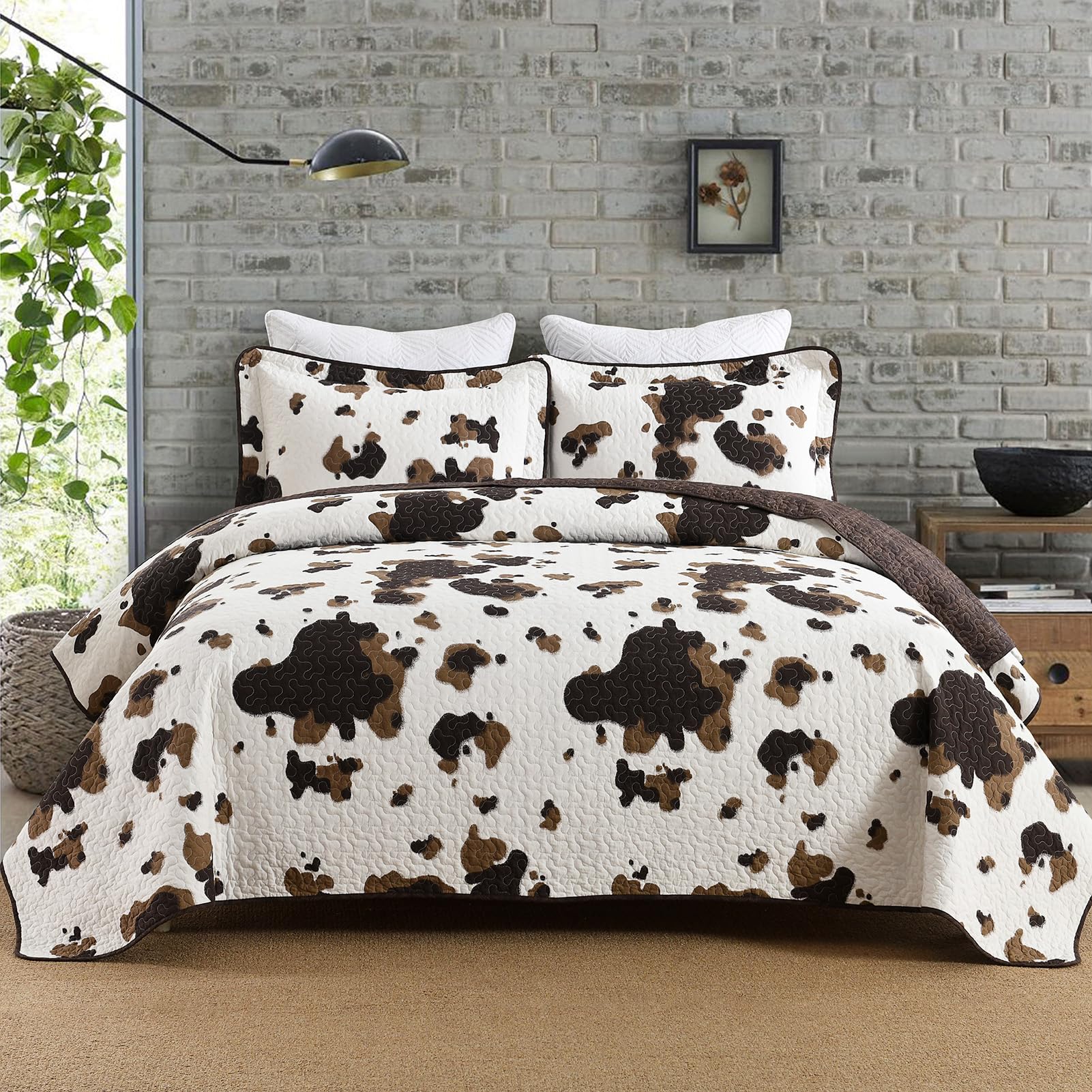 PANGUSHAN 100% Cotton Quilt Queen Size, Cow Print Queen Bedspread, Queen Size Lightweight Comforter, Reversible Western Bedding Set, Rustic Farmhouse