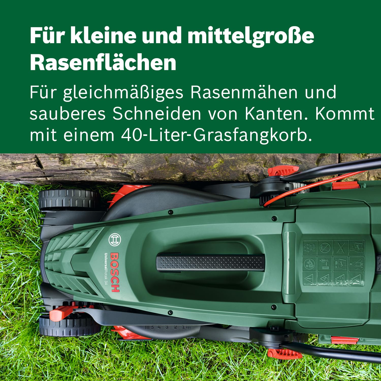 Bosch kabelgebundener Rasenmäher UniversalRotak 34-405 (1300-W-Motor, Schnittbreite: 34 cm, 40-Liter-Grasfangkorb, geeignet für ebenes Rasenmähen und Schneiden Kleinster Kanten)