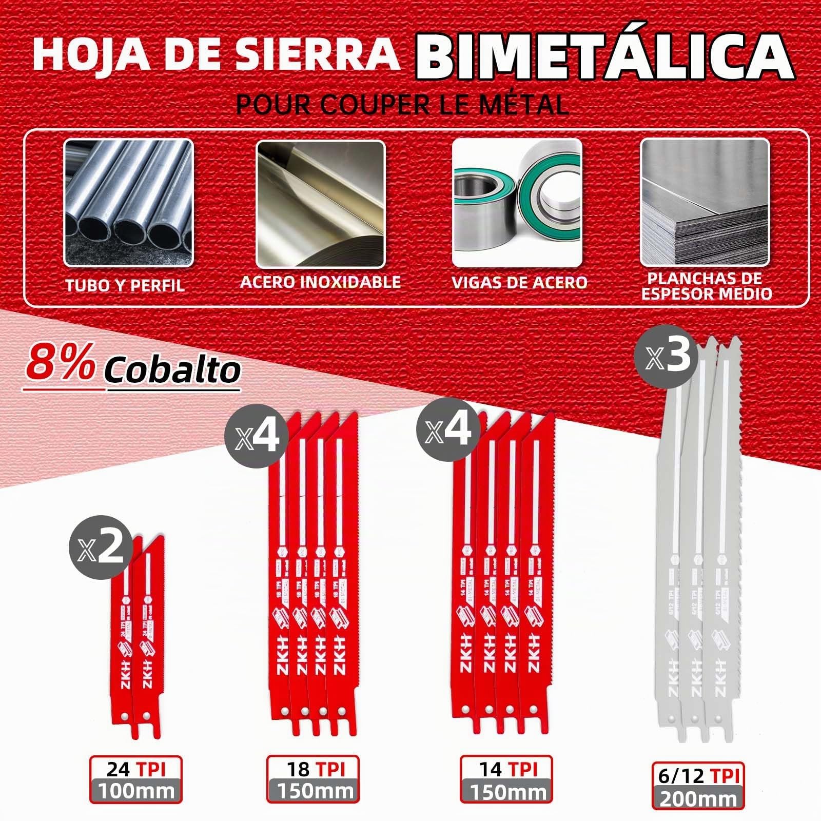 ZKH Hojas de Sierra Sable 35PCS, 13pz BI-METAL y 22pz CRV, Juego de Hojas de Sierra de Sable para Cortar Madera, Metal y Acero, Cuchilla de Sierra para Cortes Rápidos y Limpios con Bolsa de Almacenaje