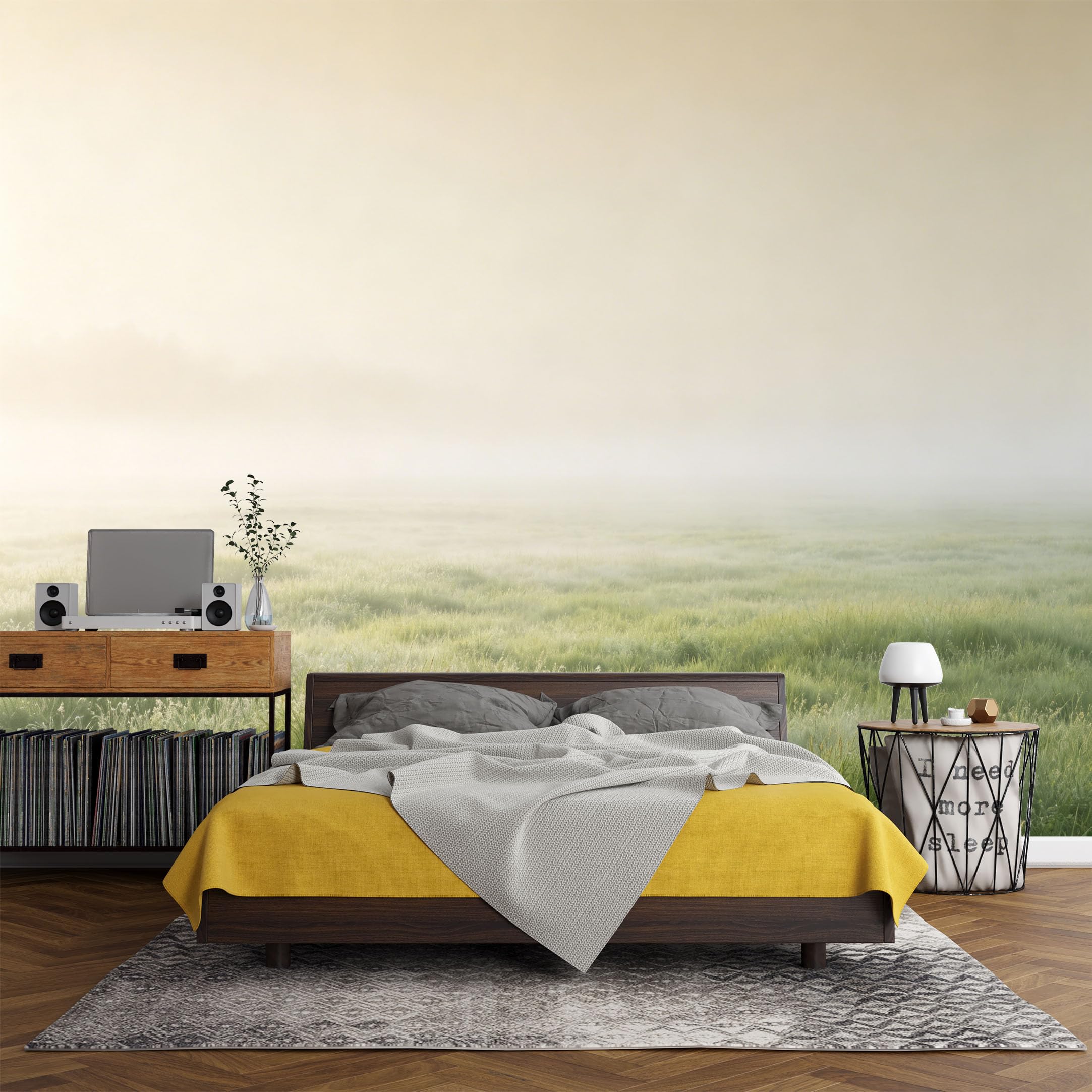 Custom Size Wall Mural， Landscape Morning Mist Meadow Grasses Field，SelfAdhesive Art Prints wall Fabric (No PVC) Removable Wallpaper Living Room Decor