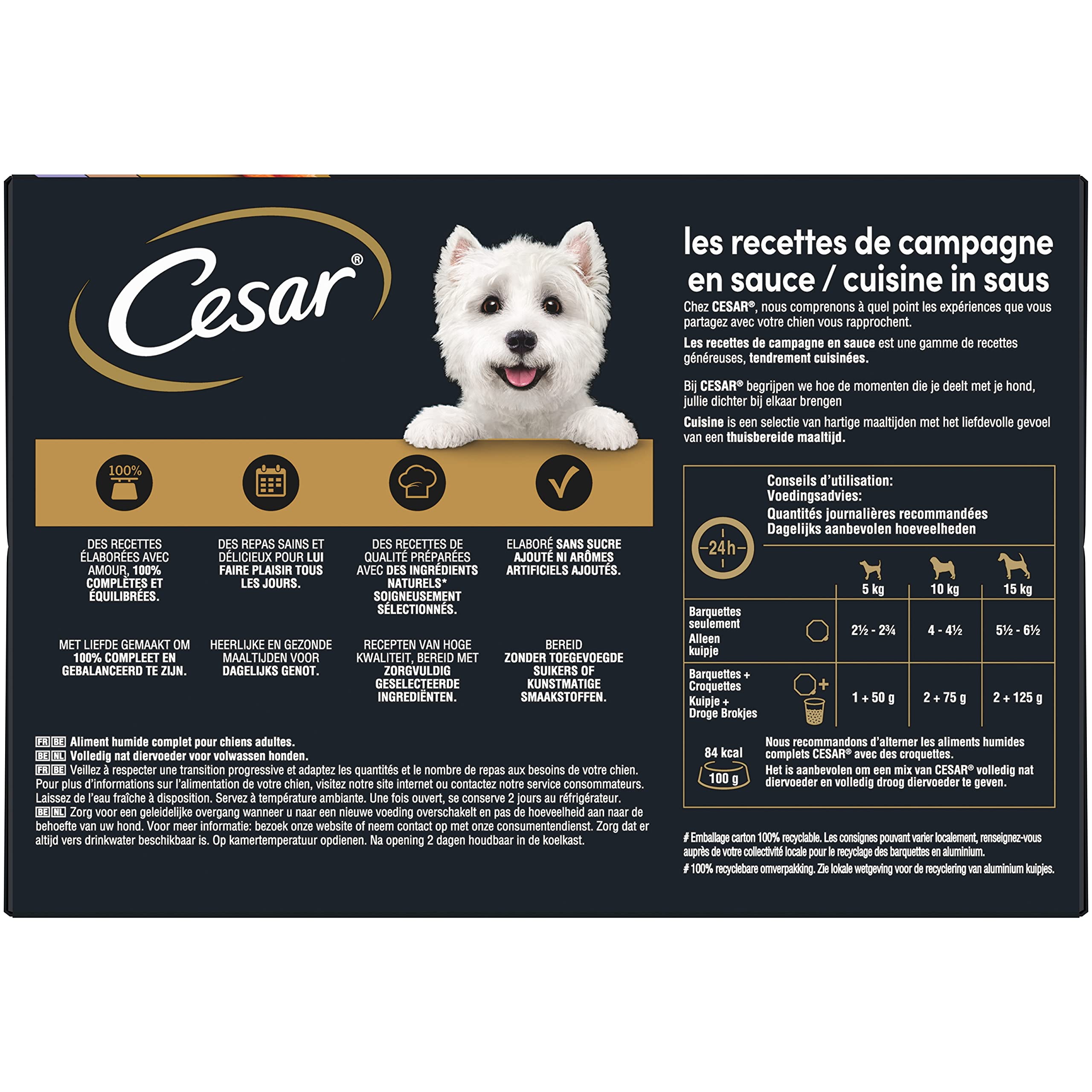 CESAR Pasto per cani – 24 vassoi (set di 3 confezioni 8 x 150 g) – Pasta per cani in salsa – manzo/pollo/agnello/tacchino – Cibo completo ed equilibrato con ingredienti naturali