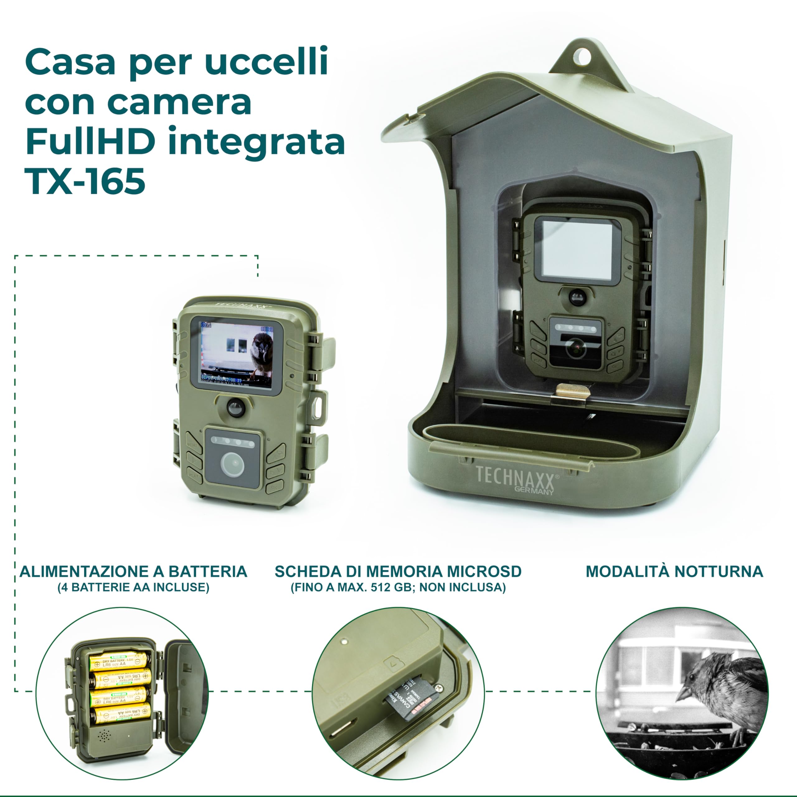 Technaxx Casetta per Uccelli con Telecamera Full HD 1080p – Mangiatoia da Esterno con Angolo 100°, Visione Notturna, Sensore PIR, Slow Motion, IP56 Resistente, Montaggio a Parete e Balcone – TX-165