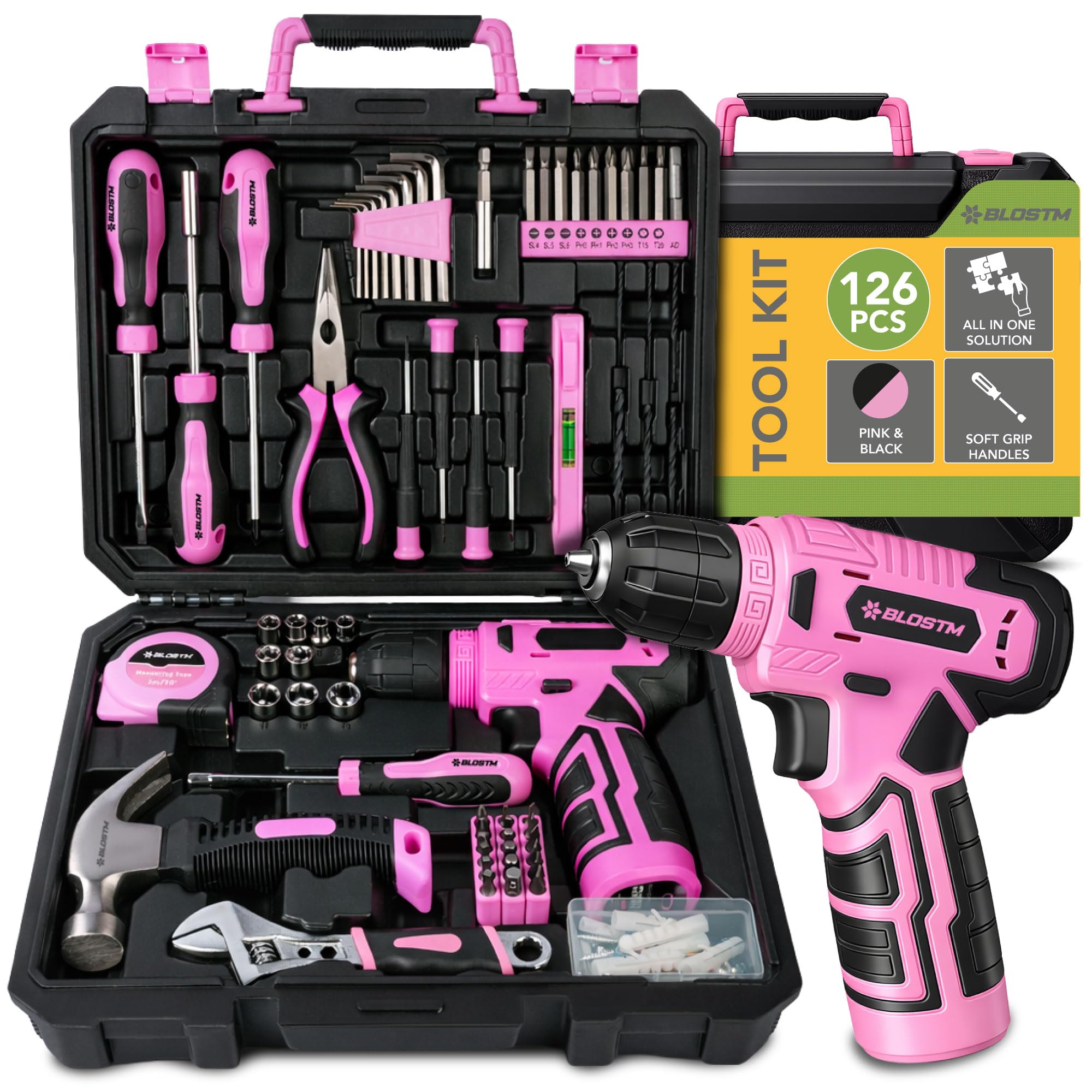 BLOSTM Kit di 126 attrezzi rosa con trapano a batteria da 8 V e utensili manuali per fai da te, riparazioni domestiche, cassetta degli attrezzi portatile con cacciaviti, punte, pinze