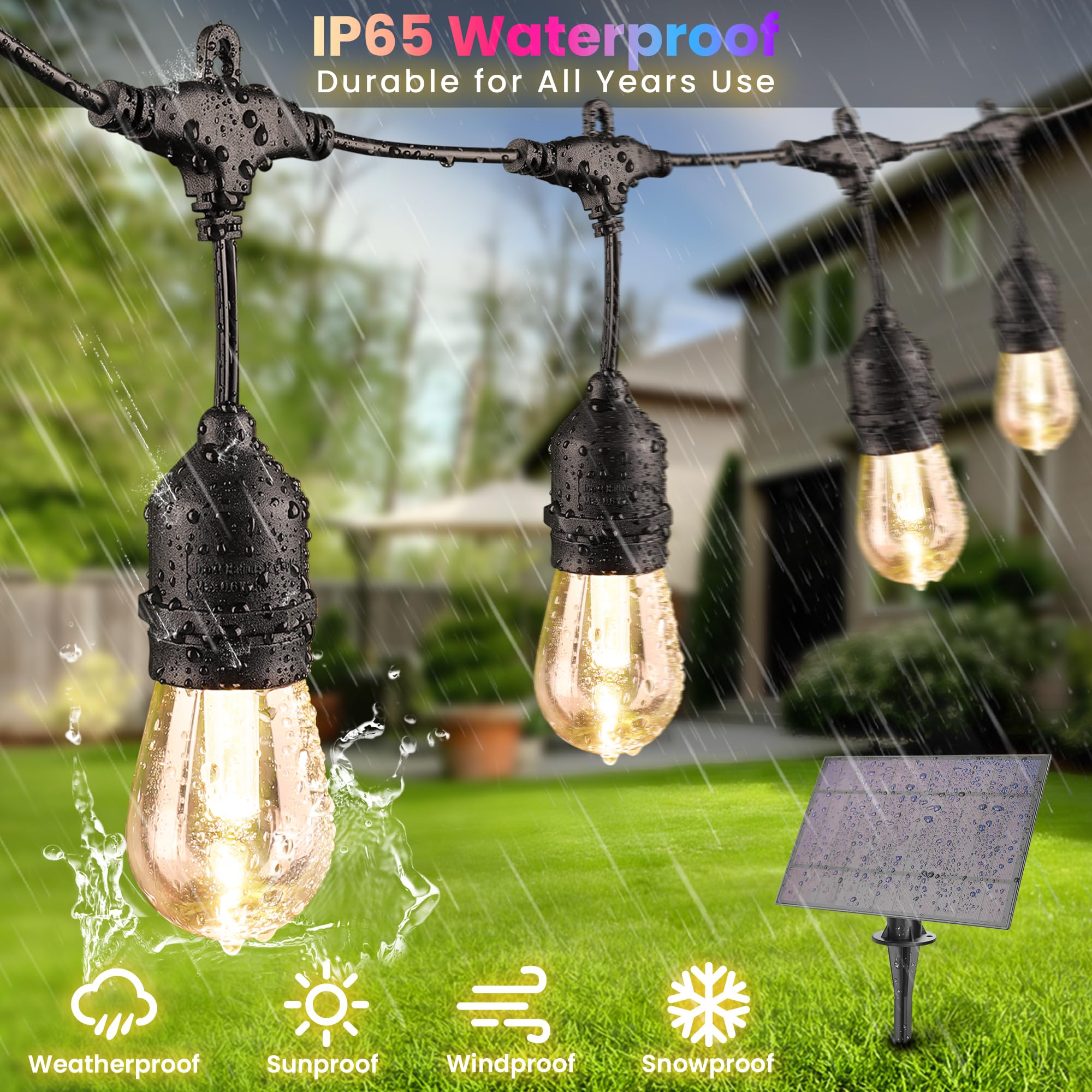 Larkvue Guirnalda de luces solares RGB para exteriores de 50 pies con control remoto, luces de patio impermeables regulables con 15 bombillas LED inastillables Edison para patio trasero, color negro