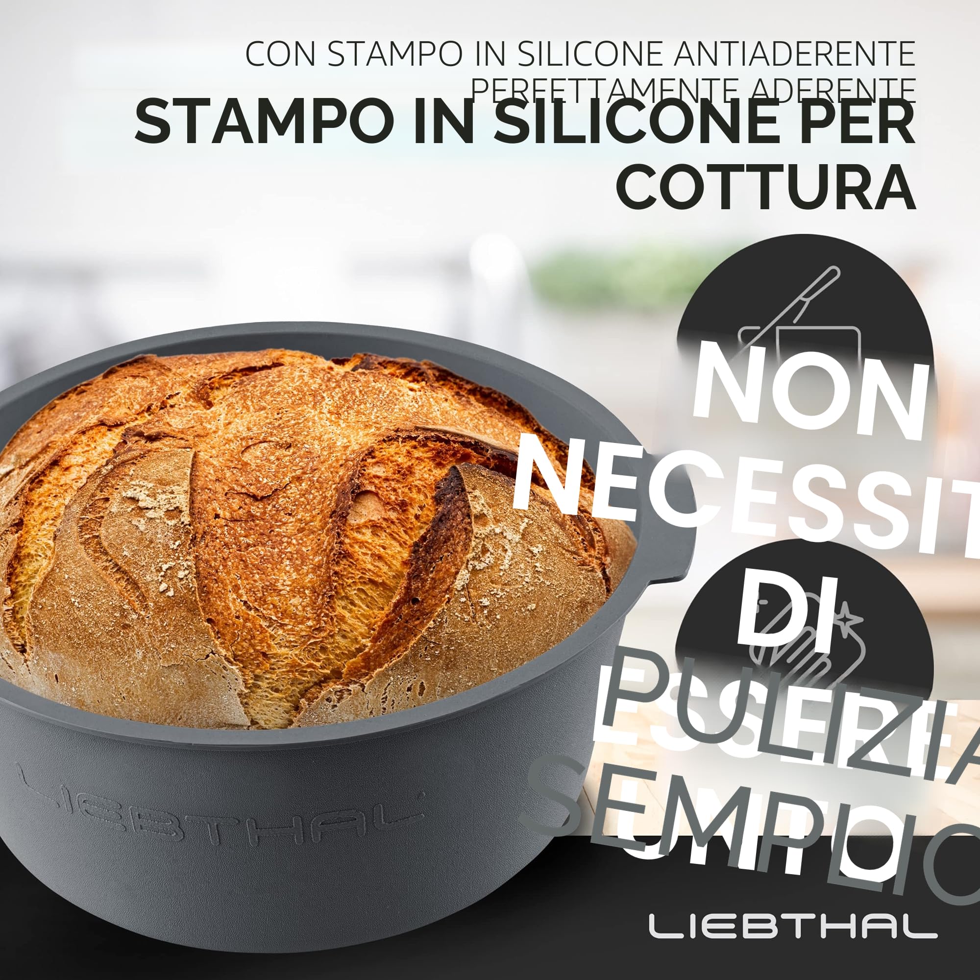 LIEBTHAL Pentola in Ghisa per Cuocere il Pane - Robusta Con Inserto in Silicone Antiaderente Su Misura - Stampo Con Coperchio 4,6 L - per Arrosto