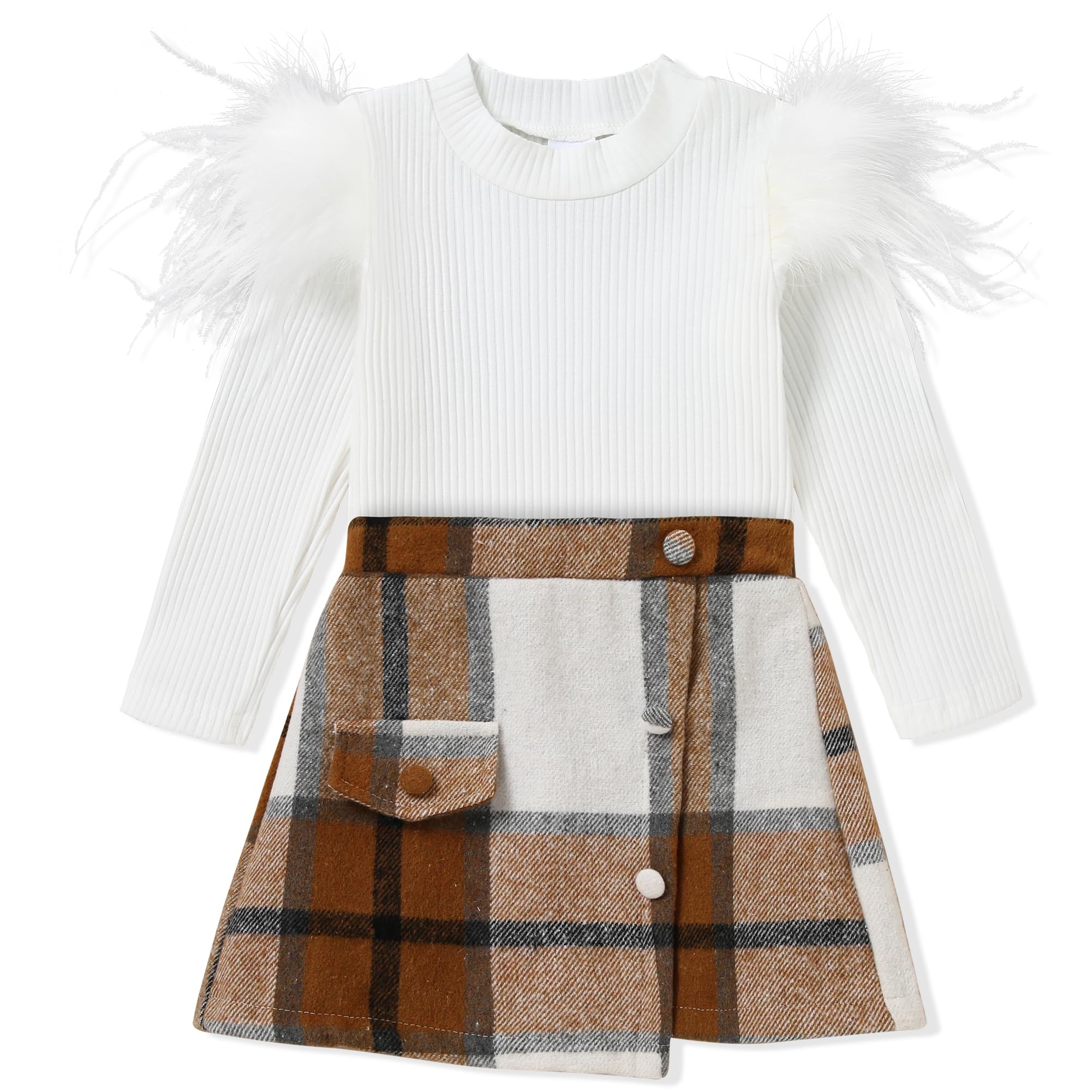 LufebutBaby Girl Clothes Set 2-3 Years Round Neck Ribbed Long Sleeve T-Shirt Top + Plaid Skirt Fashion Set 3Pcs Toddler Kids Girl Fall Winter Outfits, White