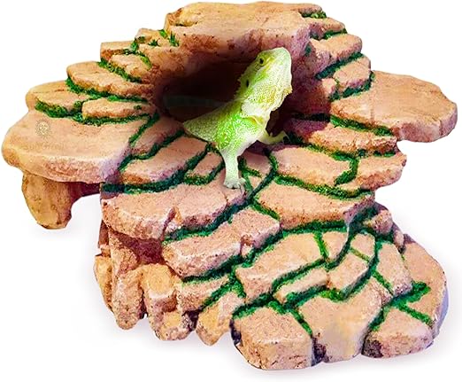 SunGrow Gecko Rock Hide Basking Platform, Reptile Resting Shale Scape Step Ledge & Cave Hideout, Resin Climbing Ramp Decor for Terrarium, Stone Shelter Hideaway, Reptile Simulation Tank Accessories
