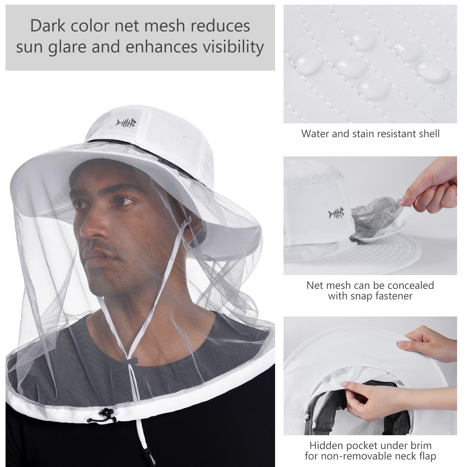 Bassdash UPF 50+ Sombrero para el Sol con mosquitera Oculta y Solapa para el Cuello para Hombres Mujeres al Aire Libre Pesca Senderismo Camping