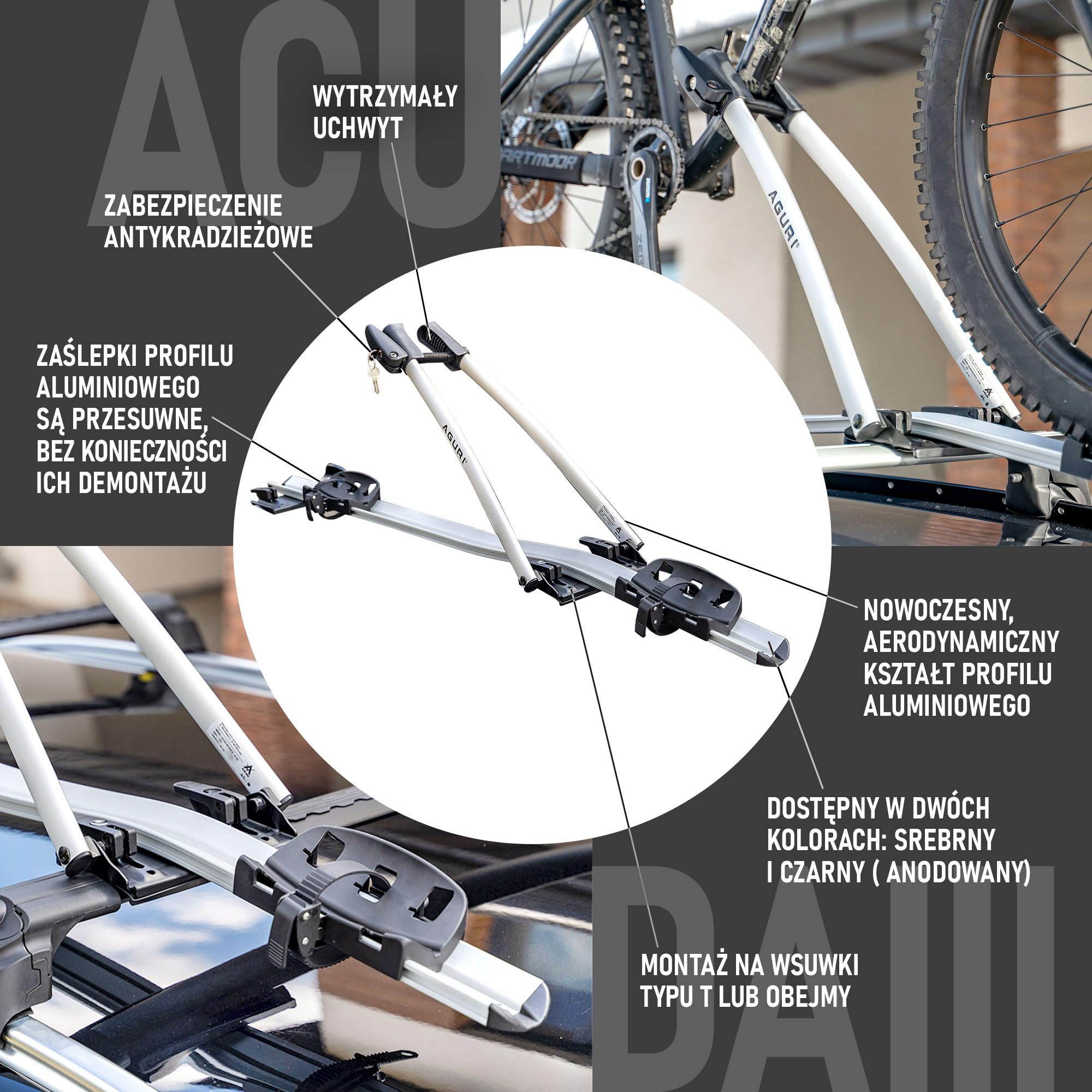AGURI ACUDA III | Bagażnik Rowerowy, Dachowy Stelaż Rowerowy, Uniwersalny Uchwyt Rowerowy na Dach Samochodu, Zamykany | Obciążenie do 20kg, | Lekka i Wytrzymała Konstrukcja z Aluminium | Srebrny