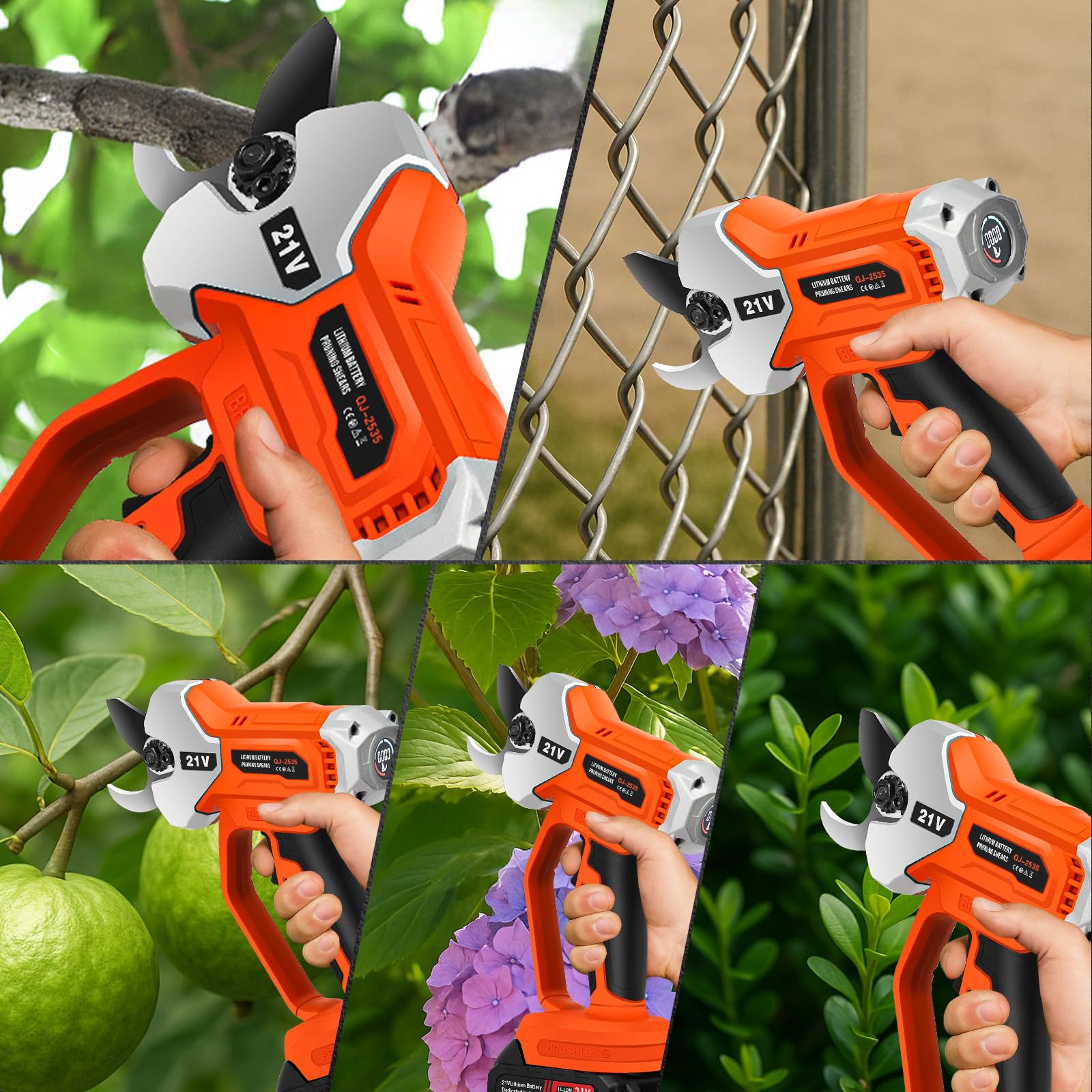 Tijeras de podar con batería con 2 baterías de 2,0 Ah, 21 V, profesional, sin escobillas, sierra de podar con 35 mm de diámetro de corte y pantalla LCD, para podar eficientemente