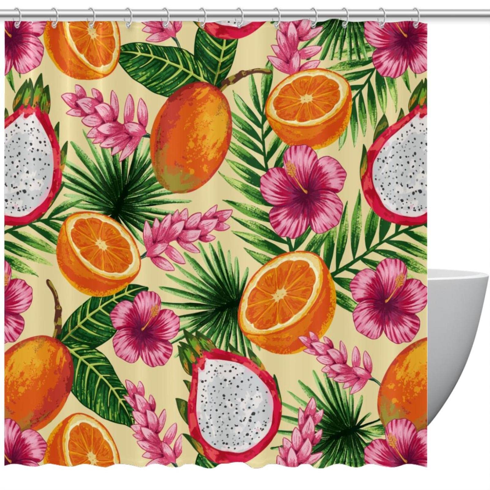 Rideau de douche imperméable avec 12 crochets motif fleurs tropicales orange 66x72 cm