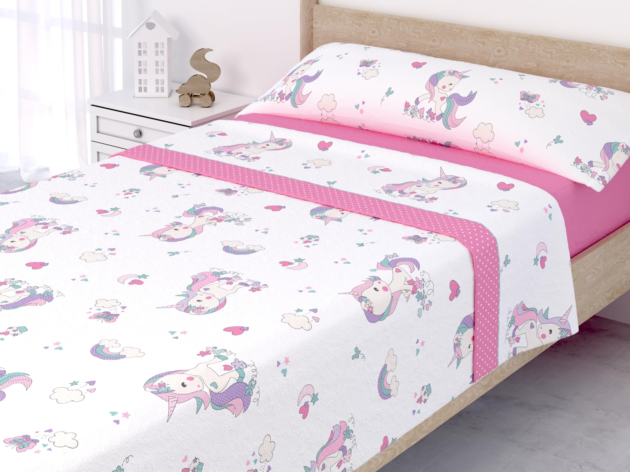 Liniva Home Juego de sábanas térmicas Polar - Tejido Suave y Cálido - Ideal para el Invierno (Cama 90 cm, Unicornios - Rosa)