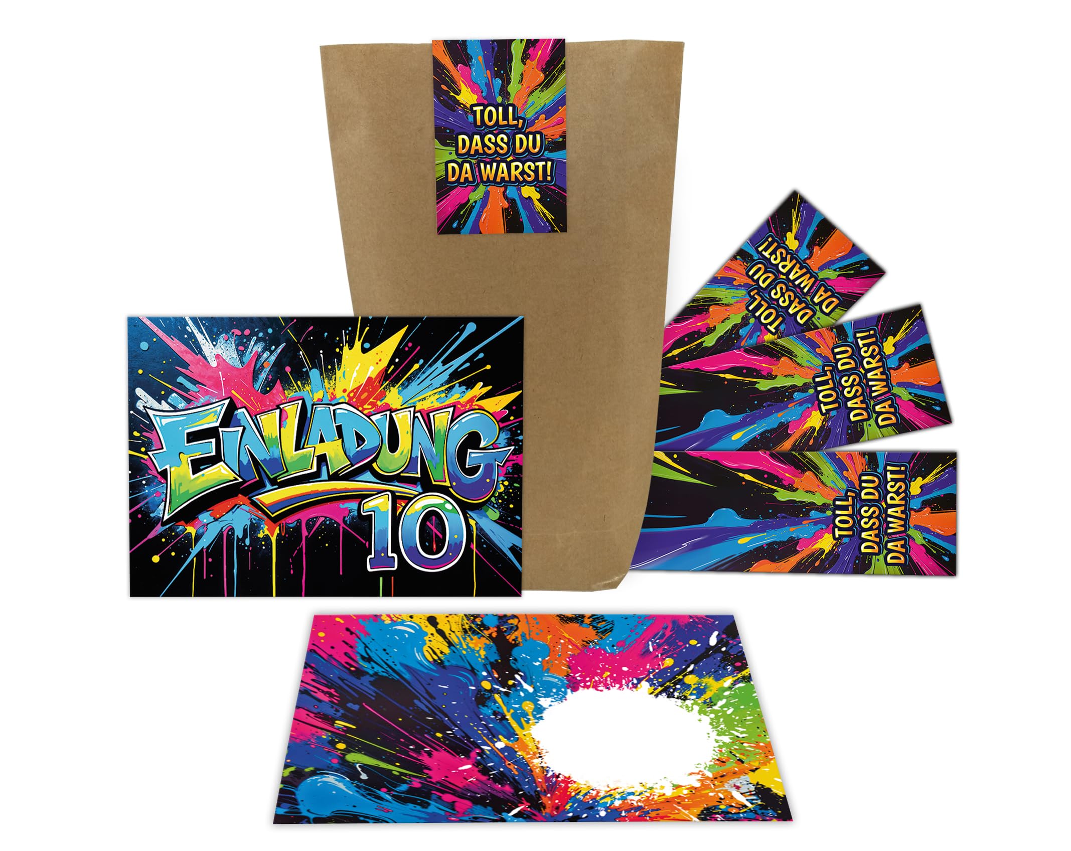 Junaversum 12 Einladungskarten zum 10. Kindergeburtstag Graffiti Junge Mädchen Kinder coole bunte Einladungen zehnte Geburtstag Geburtstagseinladungen Kids inkl. 12 Umschläge, 12 Tüten, 12 Aufkleber