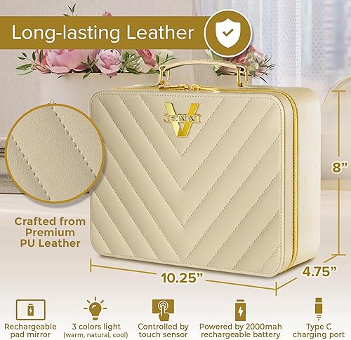 Miniatura 5 de JENNI V Bolsa de maquillaje de piel sintética de lujo con espejo iluminado, 3 ajustes de brillo, divisores ajustables  Reemplaza tu voluminoso