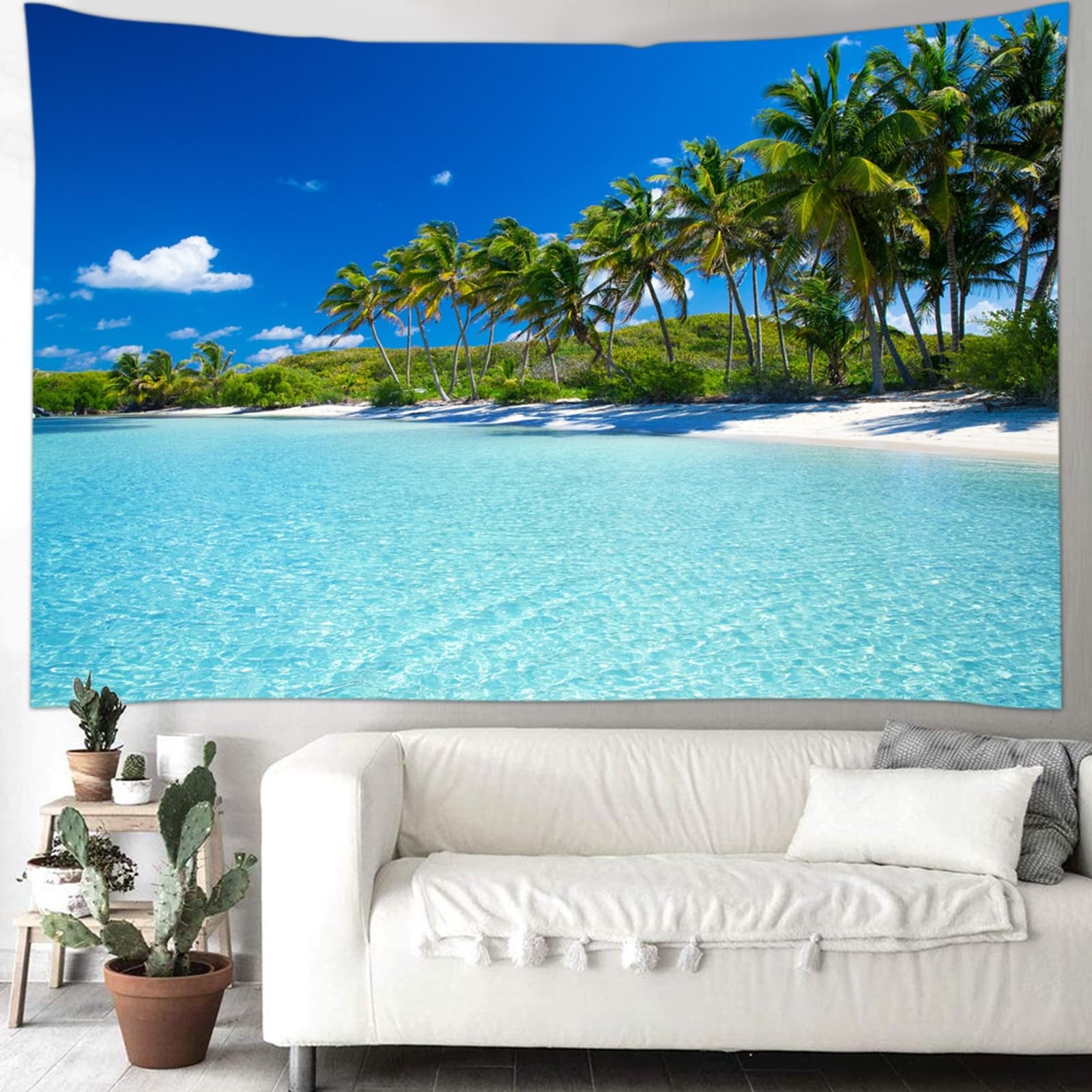 Arazzo da parete naturale spiaggia mare paesaggio murale blu grande telo decorativo da parete per esterni, 300 x 260 cm