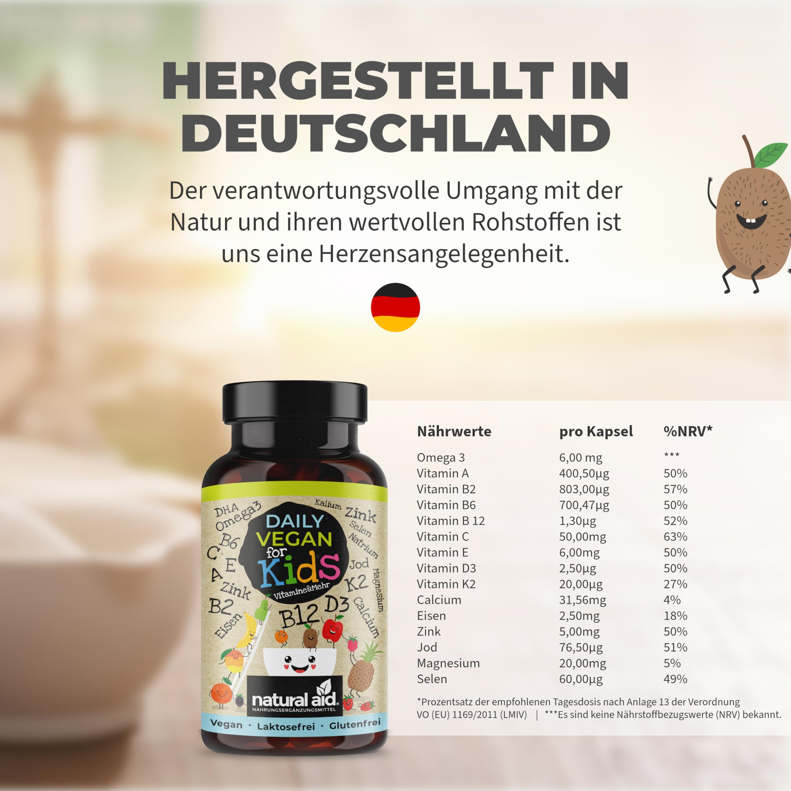natural aid Daily Vegan For Kids Multivitamin Kinder Komplex - Vitamine & Omega 3 mit Vitamin D3 K2 B12 B6 A C E + Mineralien - Vegan, Ohne Zucker, 120 Kapseln, 4 Monate Vorrat