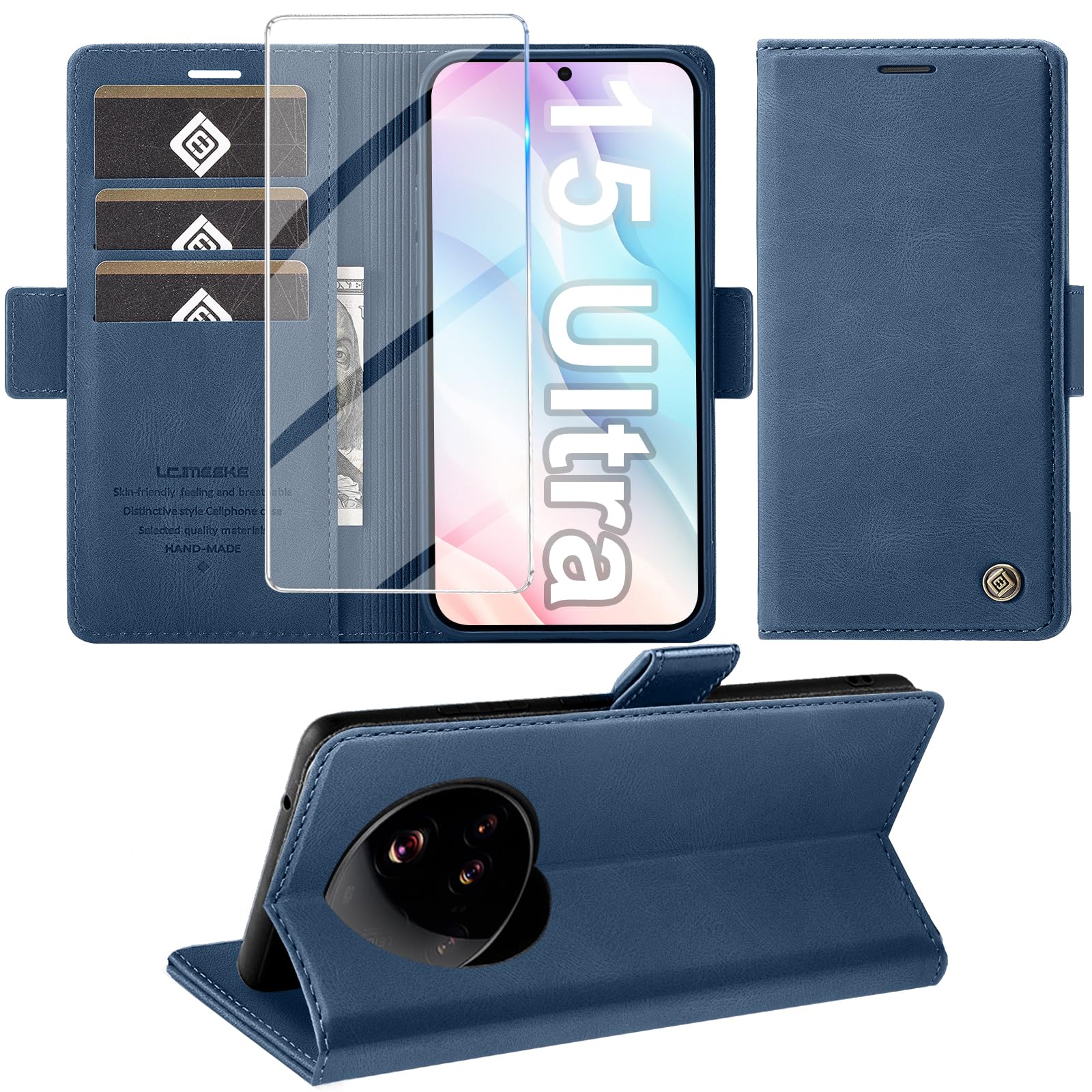 Giyer Cover per Xiaomi 15 Ultra Custodia con Vetro Temperato, Premium Pelle PU Portafoglio Slot per Scheda RFID Antifurto Funzione Supporto Flip Case, Antiurto per Xiaomi 15 Ultra 5G Cover (Blu