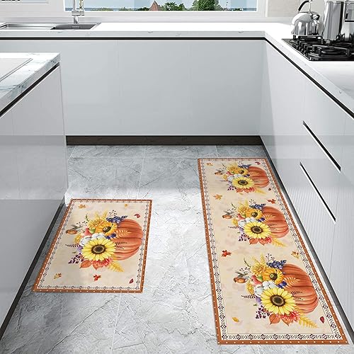 Miniatura 4 de Alfombras de cocina absorbentes antideslizantes para piso, calabaza, girasol, hoja de arce, alfombras y tapetes lavables de cocina de granja de 20 x