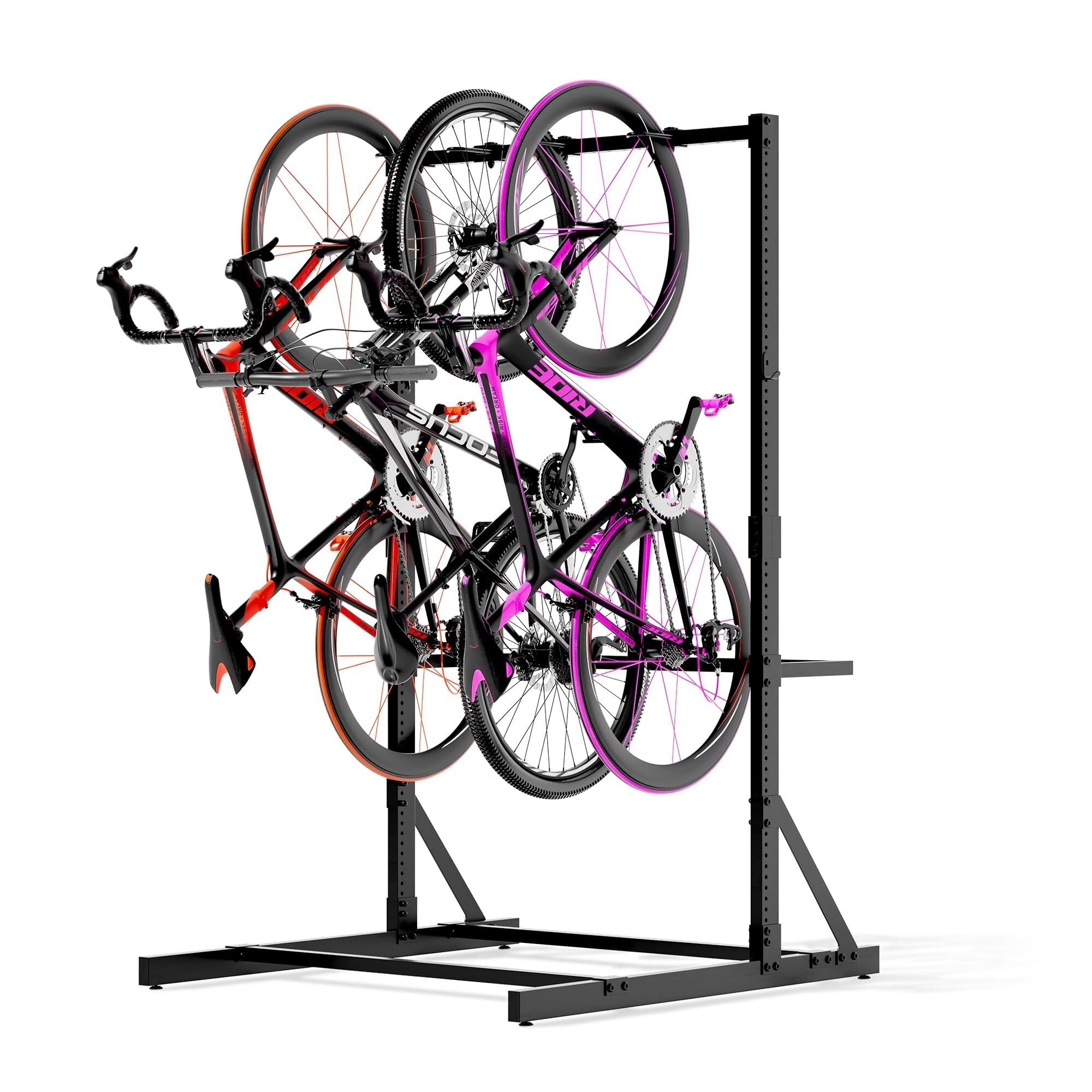Wolnostojący stojak na rowery do garażu i domu – stalowy stojak na 5 rowerów (136 kg) z pionowym schowkiem, hakami i uchwytami na kask