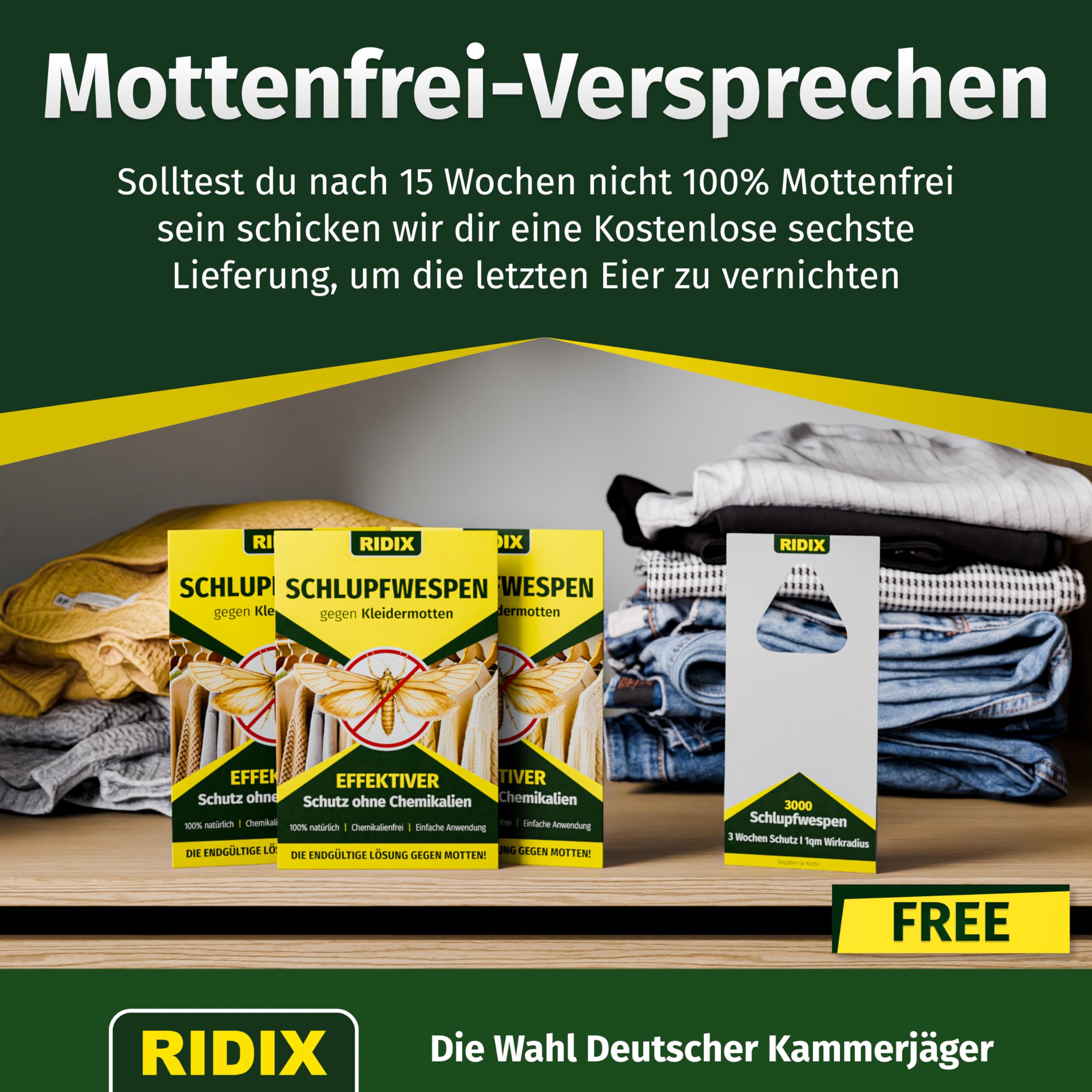 Schlupfwespen gegen Kleidermotten [5 Lieferungen mit je 5 Karten = 25 Karten] - Schlupfwespen gegen Motten als biologische Lösung frei von Chemie - Schlupfwespen Kleidermotten