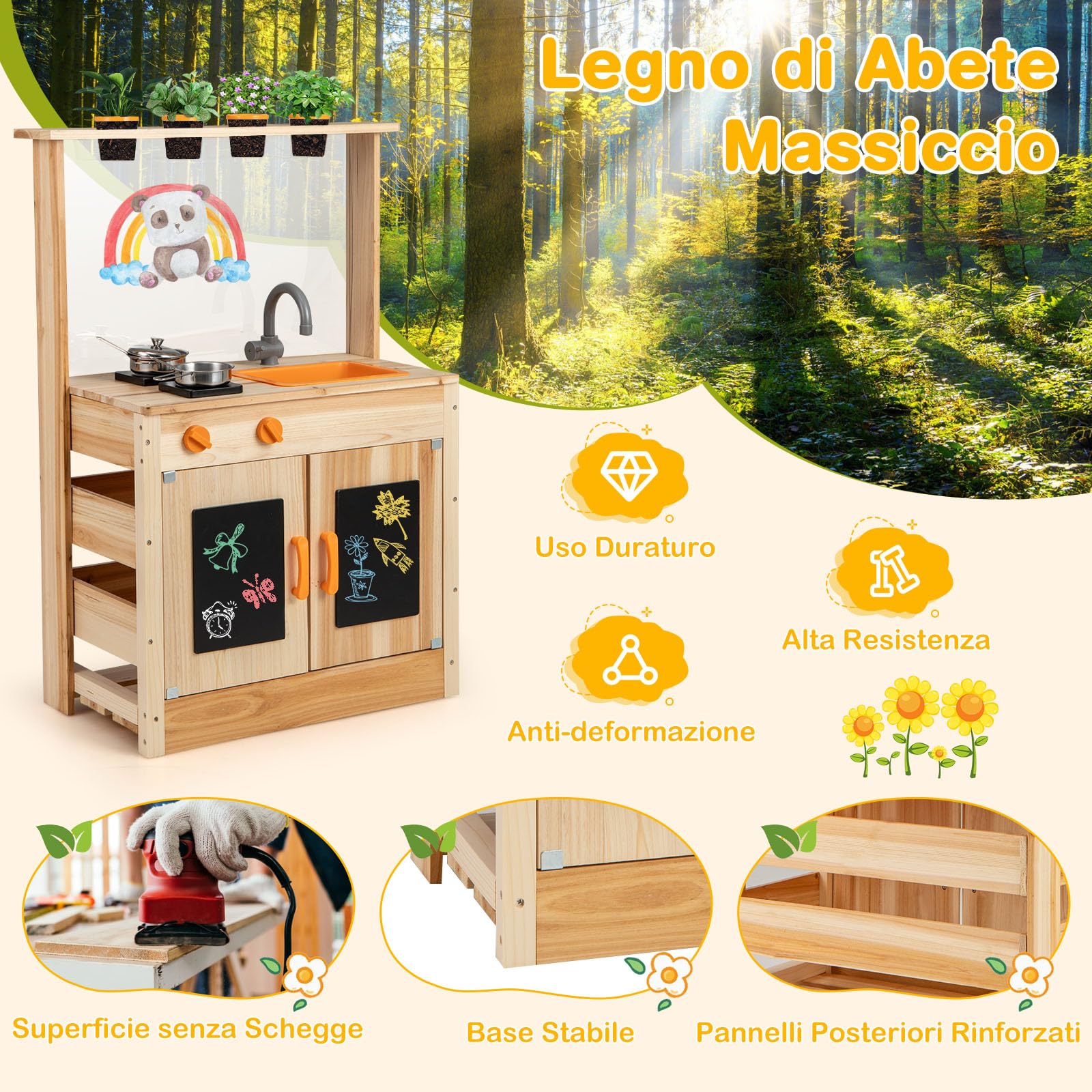 RELAX4LIFE Cucina Giocattolo per Bambini, Cucina da Esterno in Legno con Fornelli, Lavandino, Lavagna, Gessetti e Gomma, Cucina Giocattolo Interattiva per Bambini 3+ Anni (Cucina)