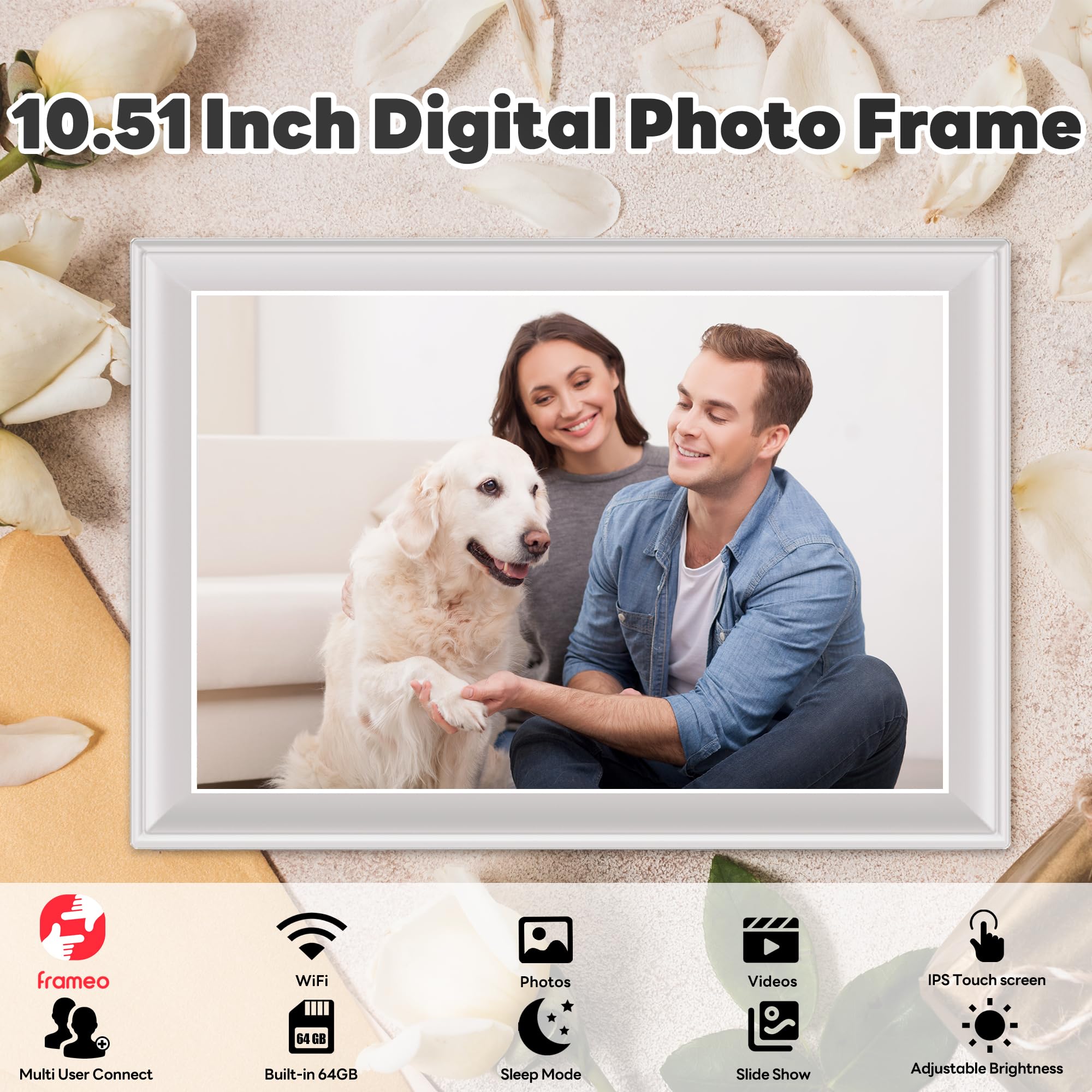 Frameo 10.51 Inch Smart WiFi Digital Photo Frame, 1920x1280 IPS LCD Touch Screen, Auto-Rotate Portrait and Landscape, Built-in 64GB Memory, Share Moments Instantly via Frameo App from Anywhere. White