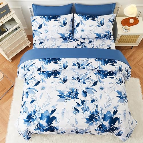 Miniatura 9 de YIYEA Juego de edredón tamaño King  Estampado floral  7 piezas de cama en una bolsa  Juegos de ropa de cama para todas las estaciones con edredón,