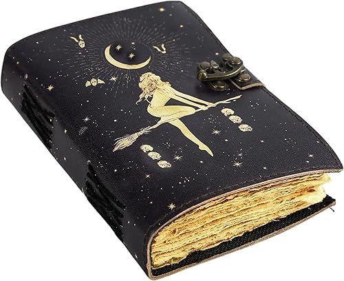 UROOJ HANDICRAFT Celestial Sun & moon Diario de cuero vintage hecho a mano  Papel de borde Deckle, libro de hechizos en blanco de sombras diario
