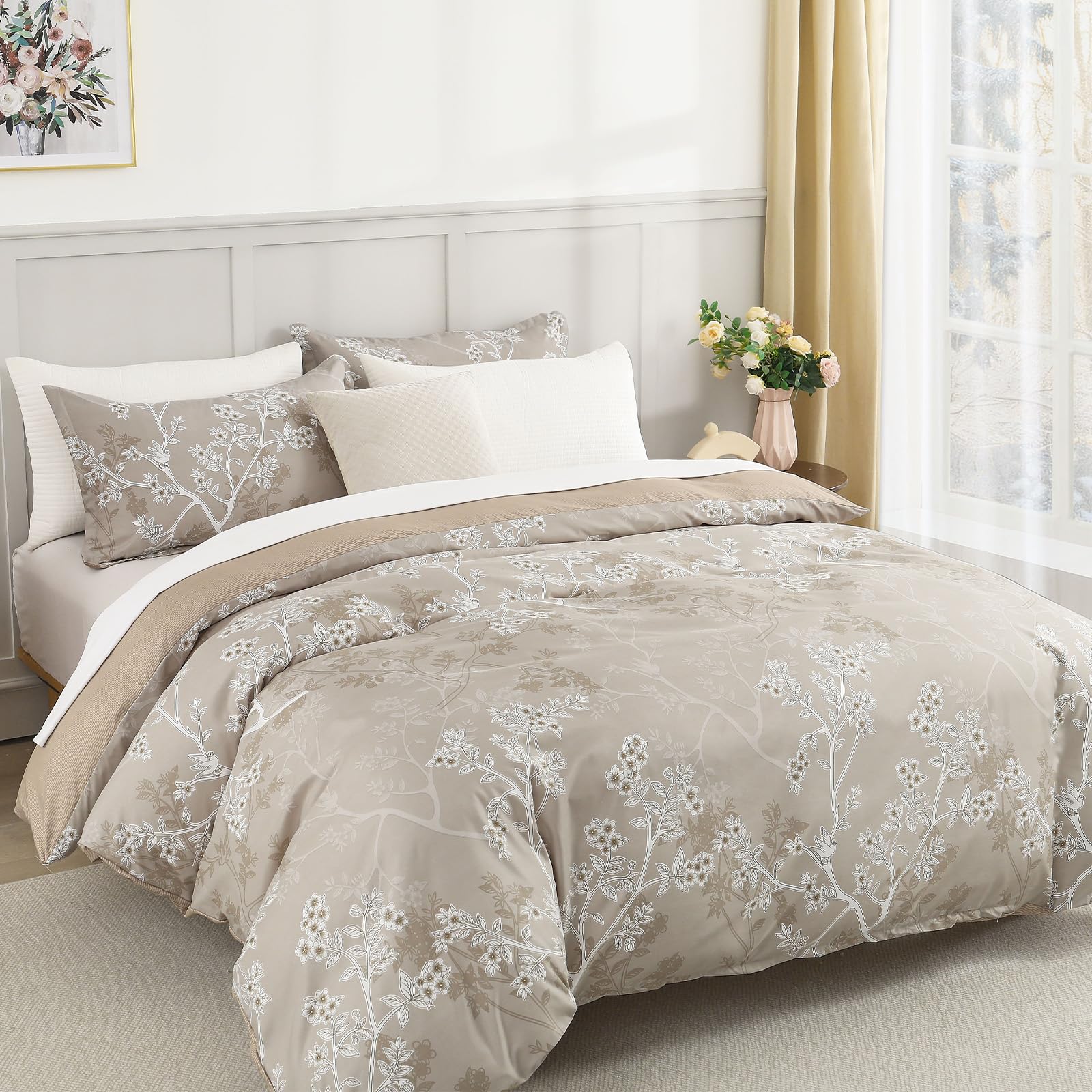 DJY Khaki Double Duvet Cover Floral Bedding Set - Image 2