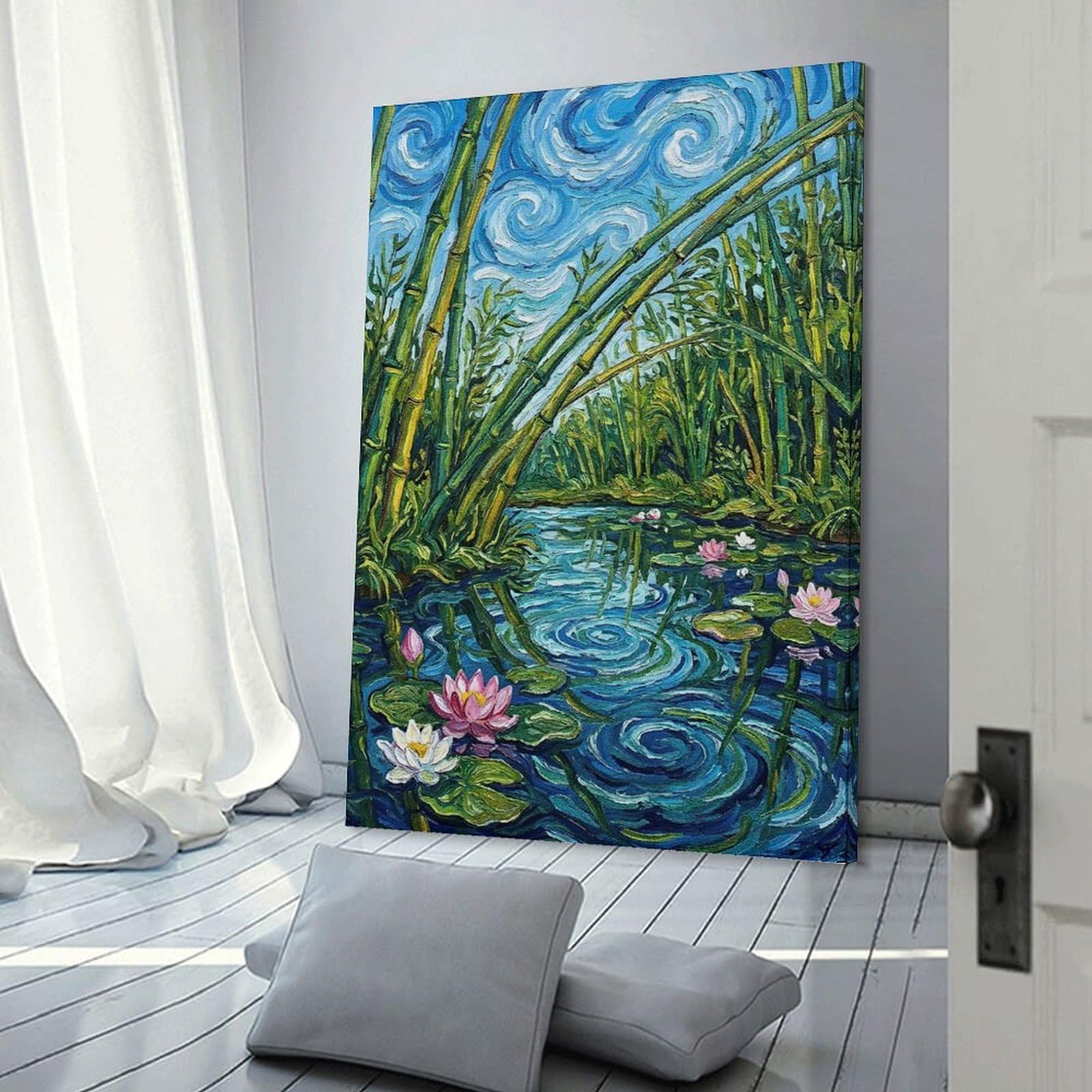 Junmoney Bamboo And Water Lilies Painting Home Decor Wall Art, 24x36inch(60x90cm), for Apartment Walls, Studios Or Work Areas, Wall Decor with Flexible Room Appeal
