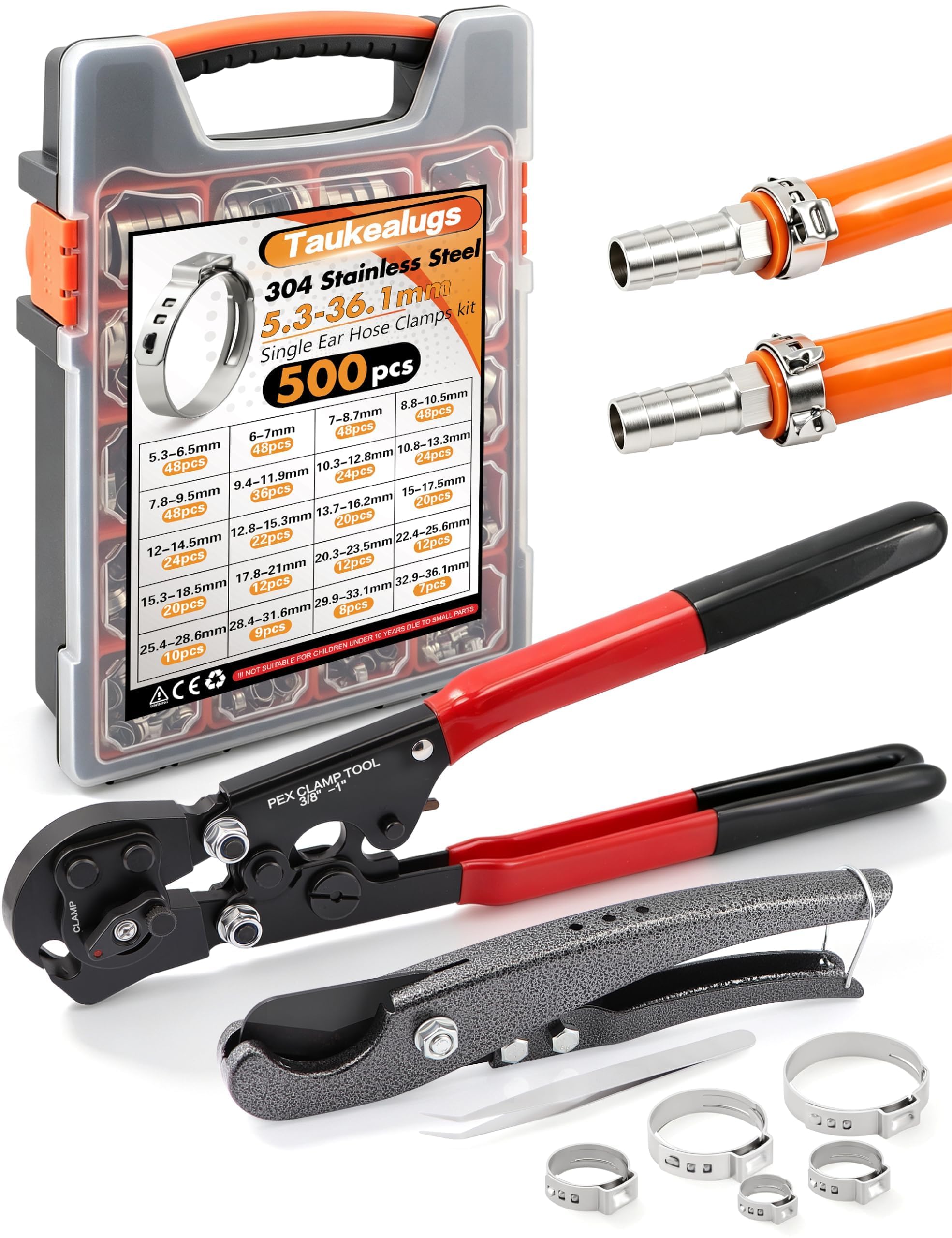 500PCS 20 Size Single Ear Hose Clamp Kit and PEX Crimping Tool,Cinch&amp;Remove