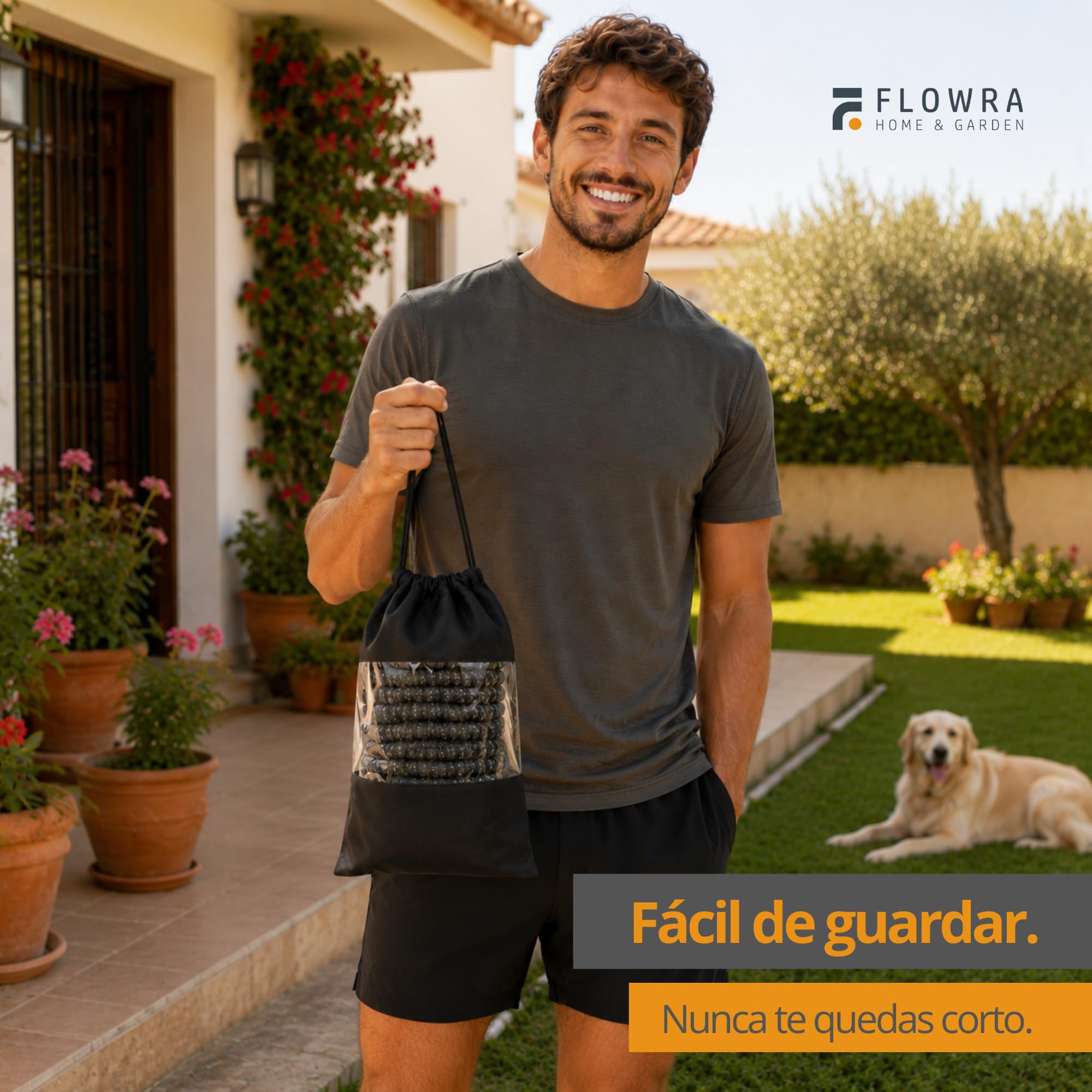 Manguera extensible de 15 metros, manguera jardin extensible de poliéster resistente 3300D, con conectores de latón y pistola con depósito de jabón, incluye set con colgador y bolsa de almacenaje