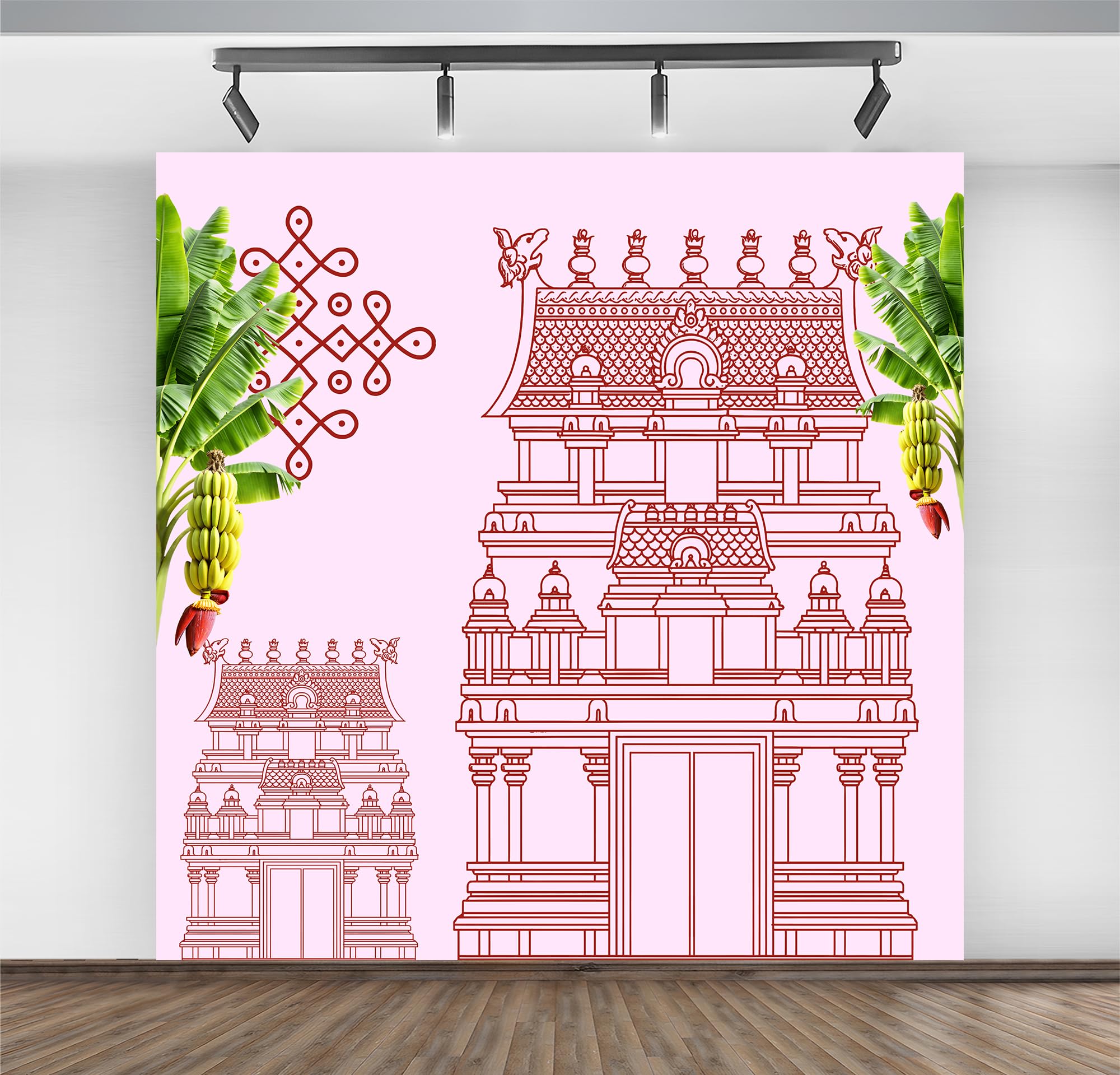 Gopuram Temple (8FT-8FT) Backdrop – Pink Background with Kolam & Banana Leaves Cloth for Pooja | Traditional South Indian Theme Decoration (Washable Fabrik)-picture-25