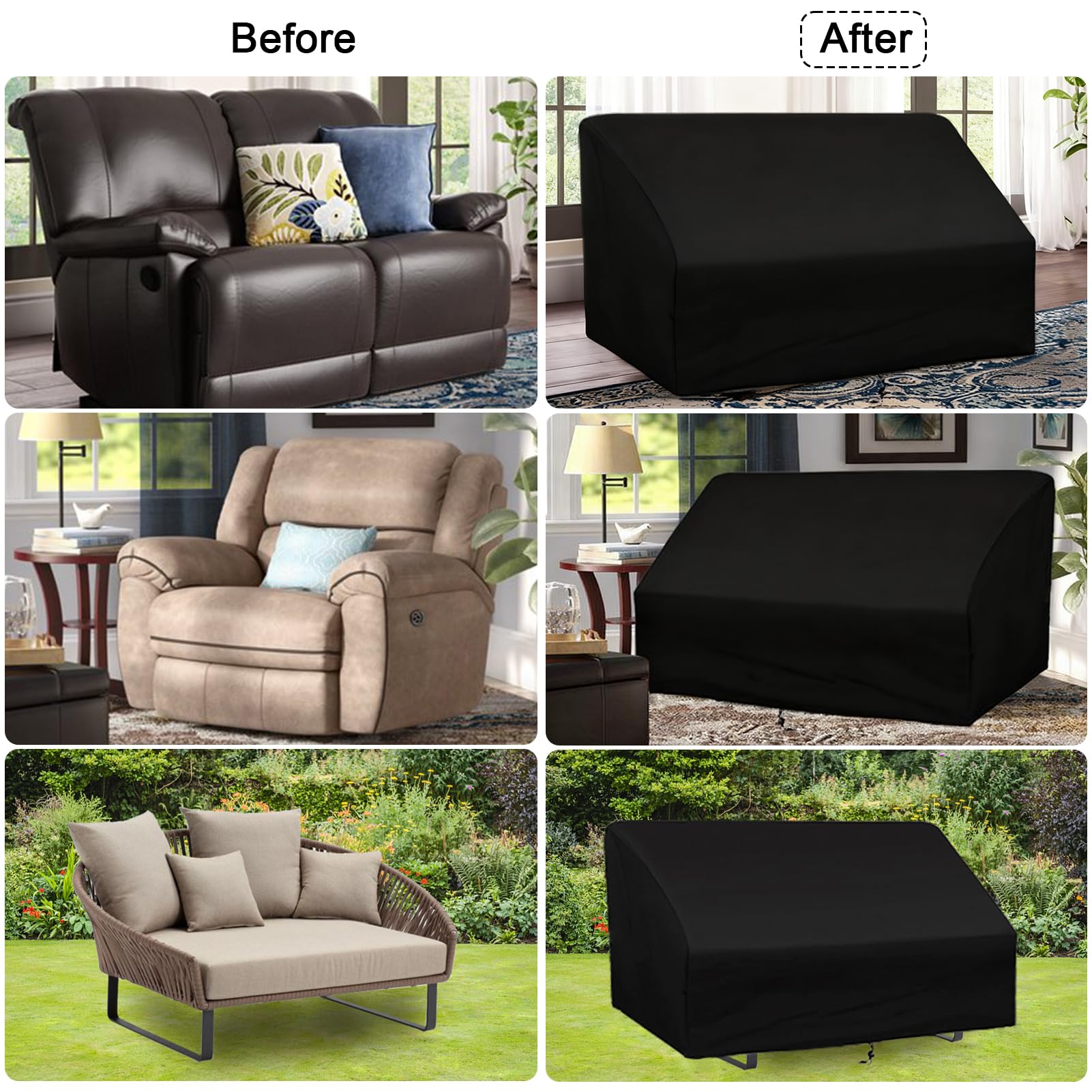 Gartensofa Schutzhülle Wasserdicht UV-beständig, Silberbeschichteter 420D Oxford Gartenmöbel Abdeckung Gartenbank Abdeckung (3-4 Sitzer, Schwarz, 200×93×88/64 cm)
