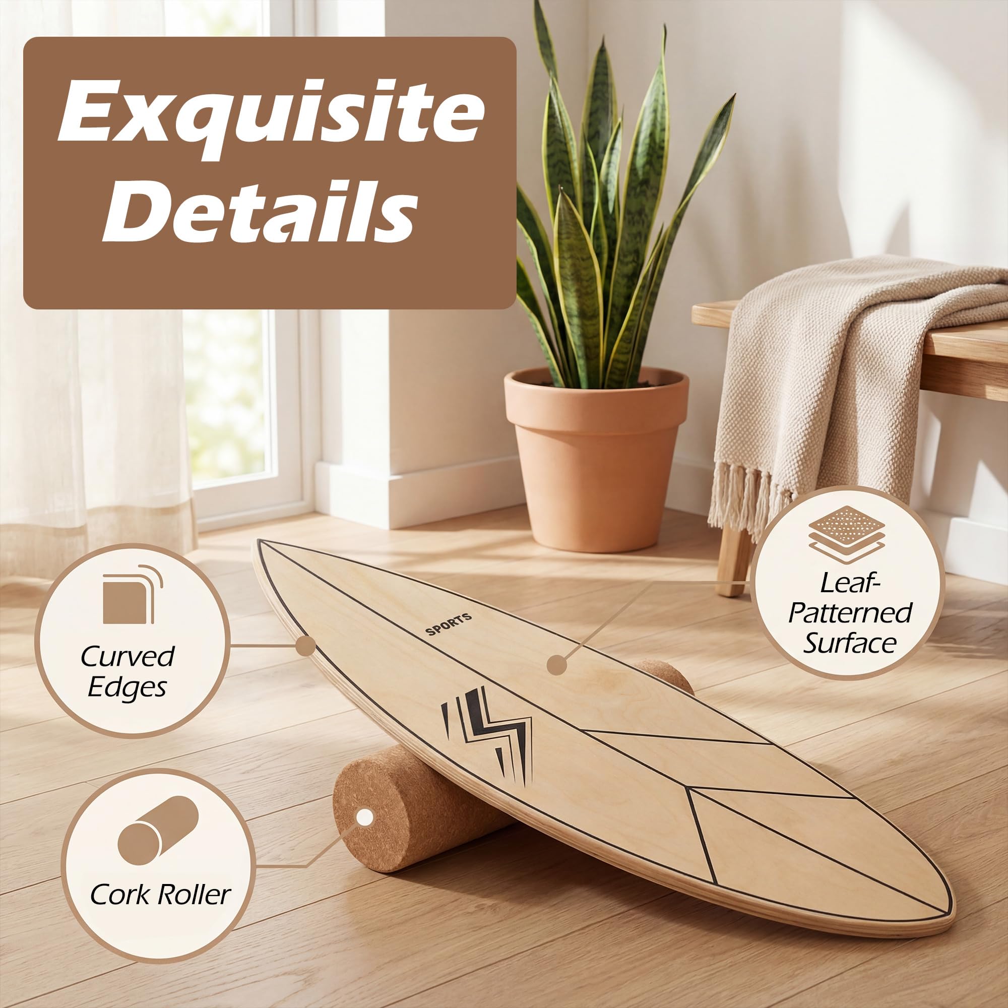 KOMFOTTEU Balance-Board aus Holz, Balance-Board in Blattform mit Korkrolle, Trainingsbrett für Kinder und Erwachsene, Spaß und Training, Belastbarkeit 100 kg