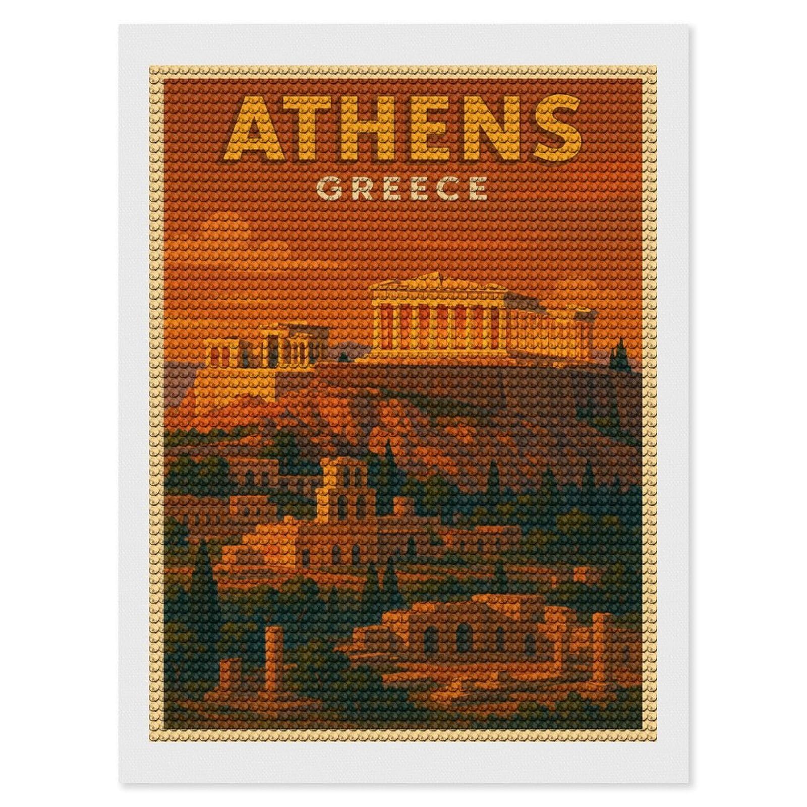 Junmoney Athens Greece Travel (3) DIY Diamond Art Canvas Kit 12"x16", Complete Accessories, Creative Leisure Activity, Home Wall Decor, Gift Idea