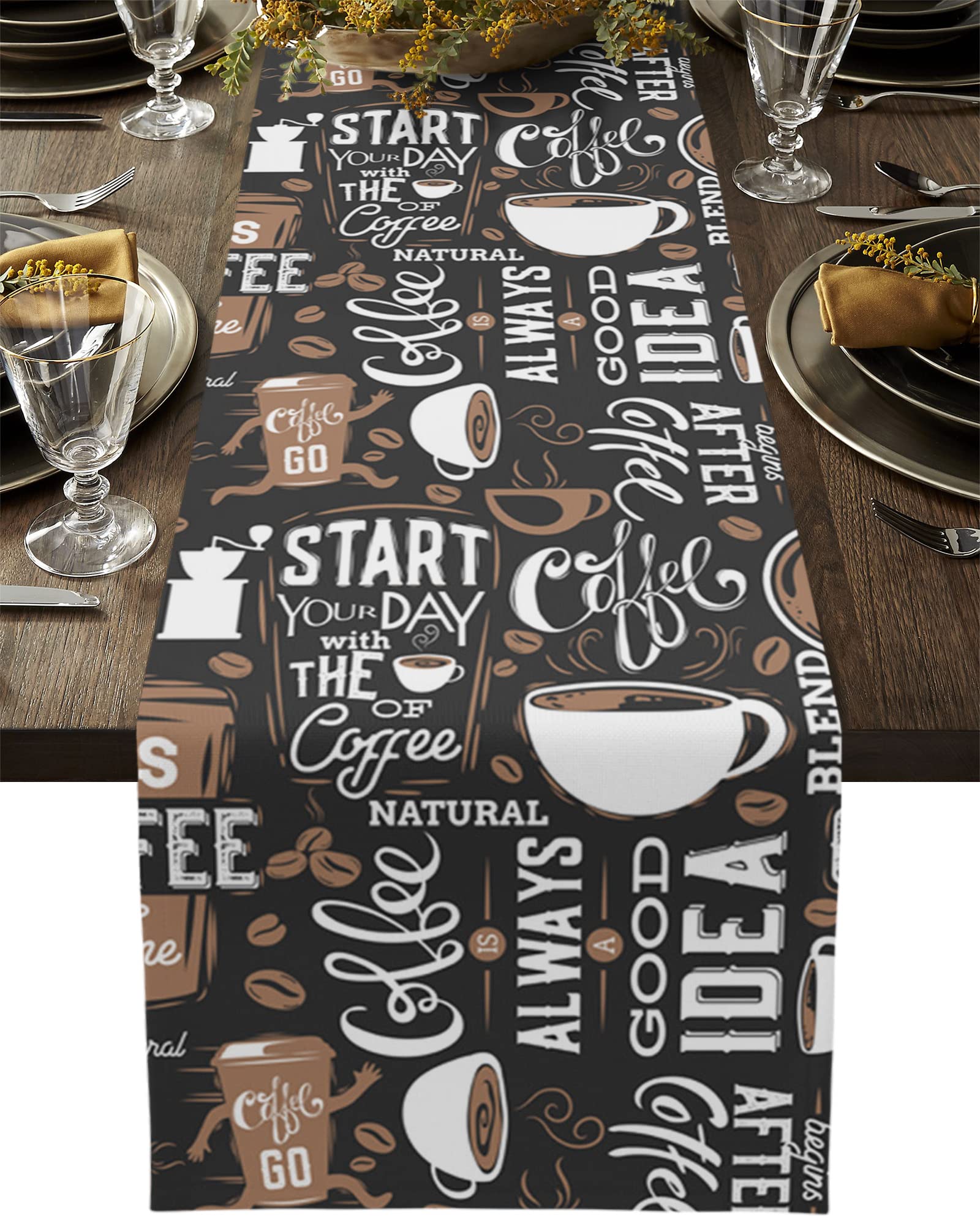 Rustic Table Runner Cups of Coffee Cocoa Bean Tables Decoration Quote on Black Board Table Runners Dresser Scarves for Home Kitchen Cafe Restaurant 13x48 Inches