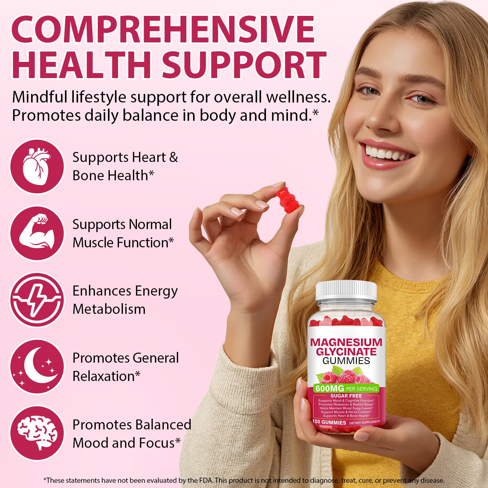 Magnesium Glycinate Gummies 120 Count - Sugar Free Magnesium Supplement - Supports for Sleep, Memory, Mood, Muscle, Relaxation, Heart & Bone Health — Amazon image 2