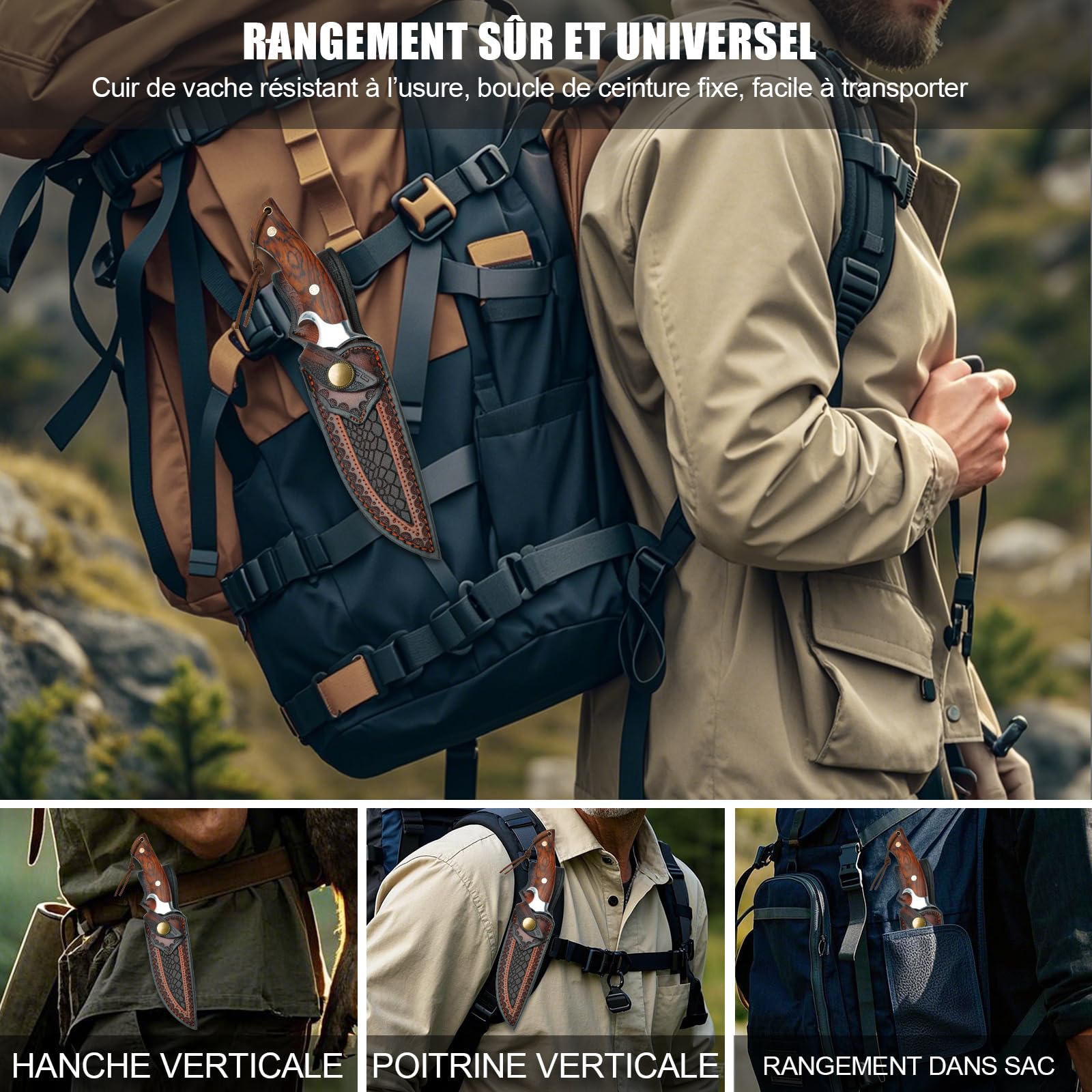 Couteau outdoor lame fixe 26,4 cm, couteau artisanal avec étui en cuir, acier damas 67 couches avec noyau VG10 et manche en bois, outil pour camping, bushcraft et activités en plein air